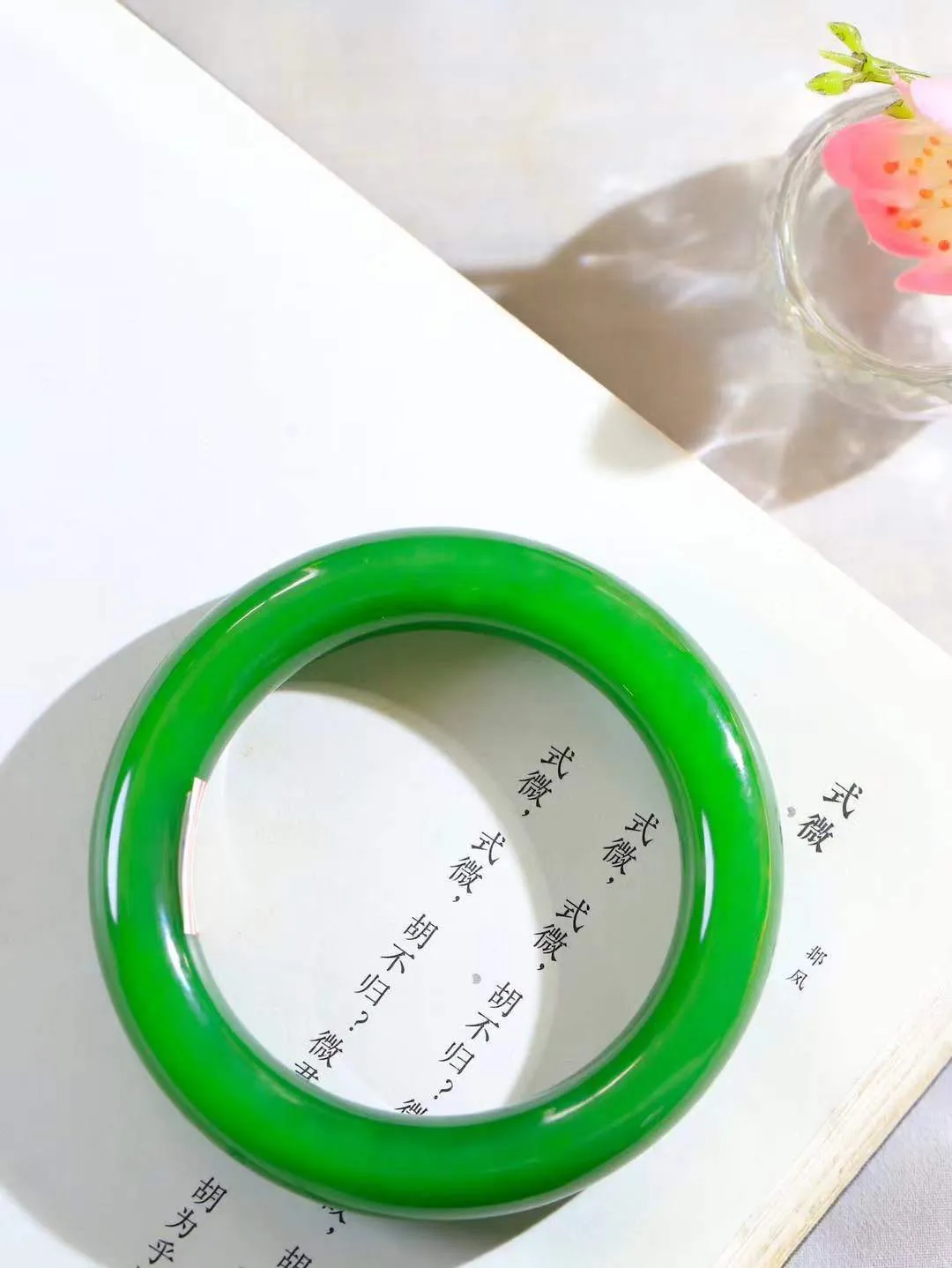 【悠悠芳华.镯】

典藏级臻品和田玉碧玉微猫眼手镯 玉质温润 青葱岁月，尽收腕中，婉转流畅，凝岁月悠长。盈一眸恬淡，挽一抹绿意。重73.8克 内径54mm尺寸11.5-12.8mm   861102455A