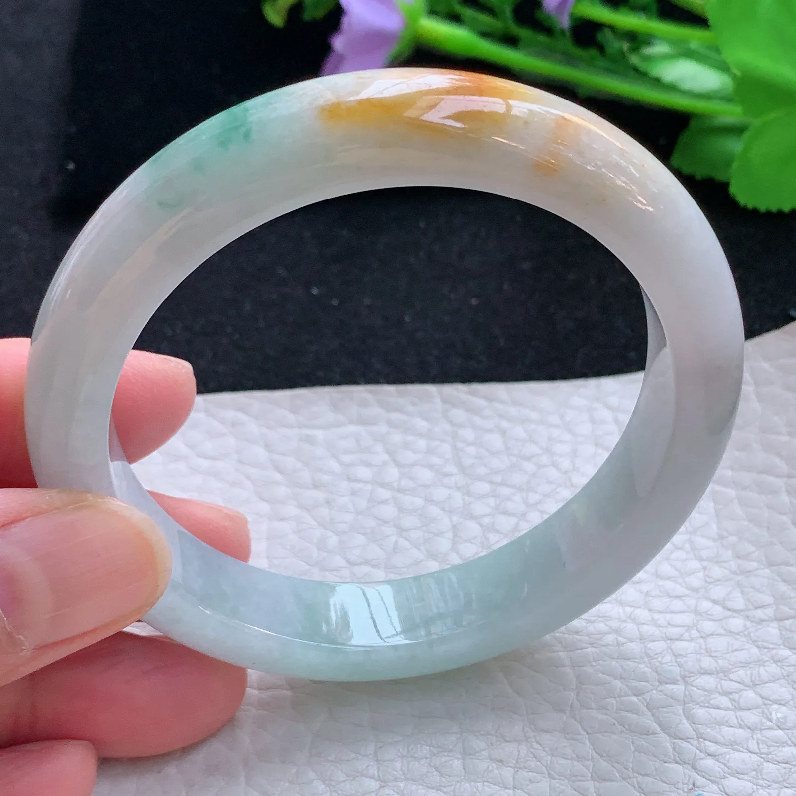 xc自然光57*12*8.3平安镯 缅甸翡翠a货玉手镯三彩厚装宽边玉手环