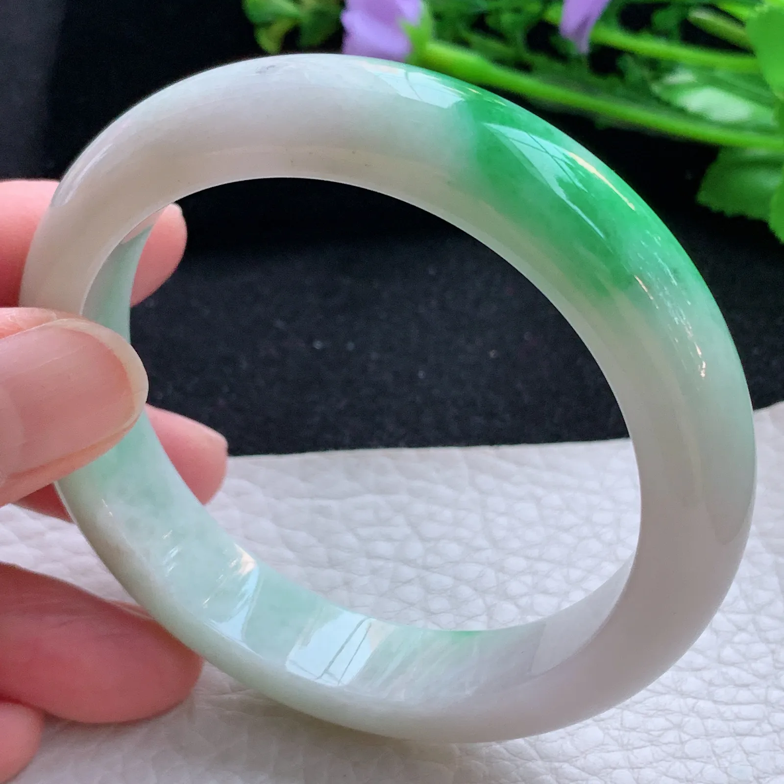 xc自然光57*12.8*8.3平安镯 缅甸翡翠a货玉手镯飘阳绿宽边玉手环