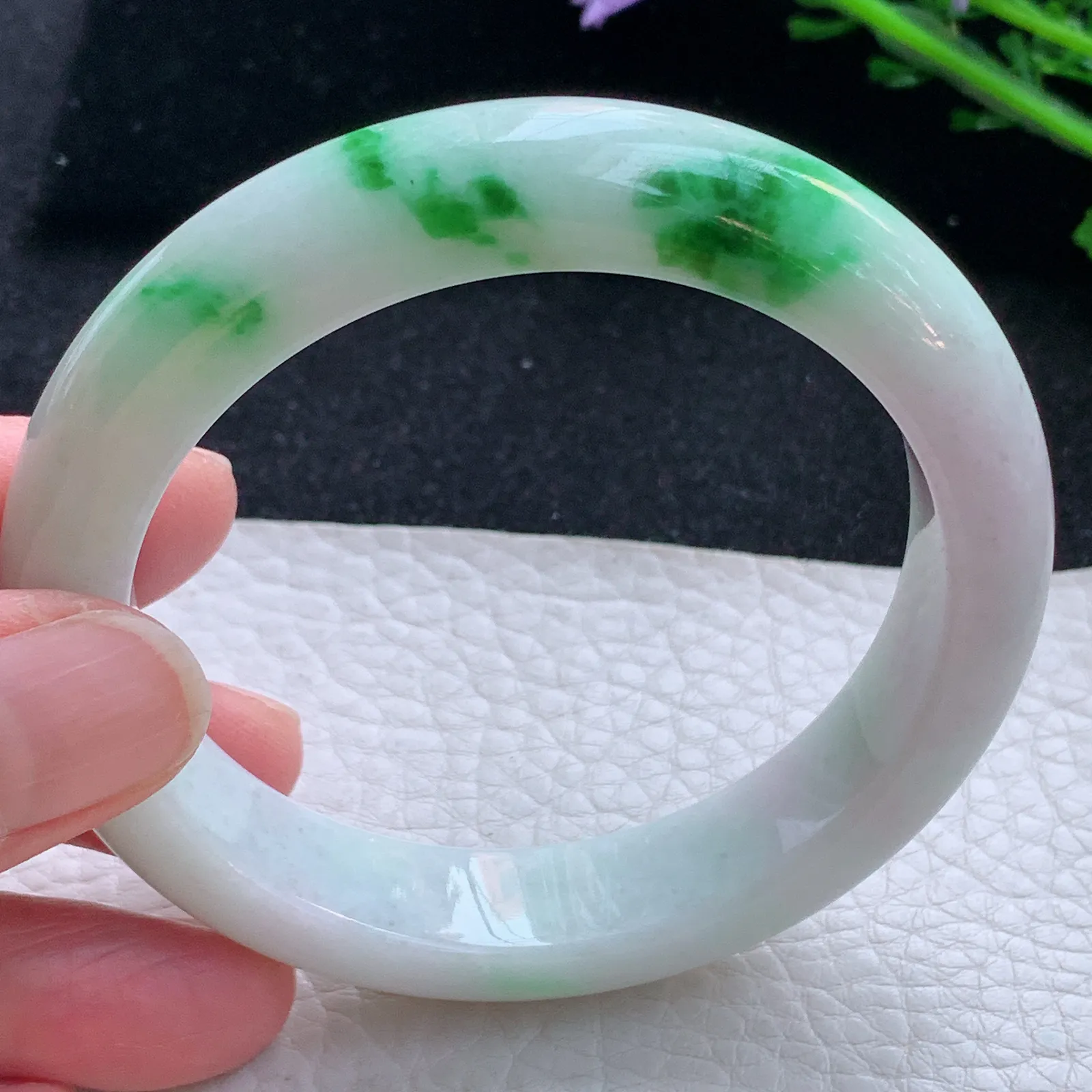 hy自然光57*12.5*8.6平安镯 缅甸翡翠a货玉手镯飘绿花厚装宽边玉手环