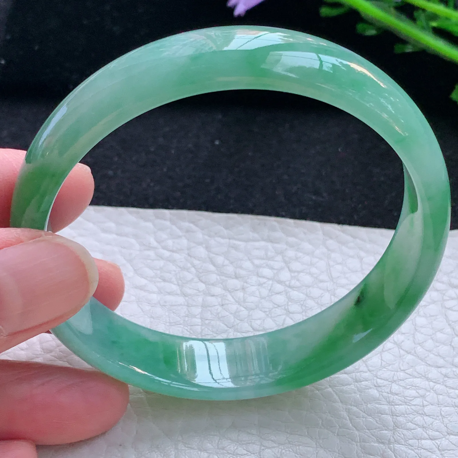 p自然光57*14*6平安镯 缅甸翡翠a货玉手镯冰绿宽边玉手环