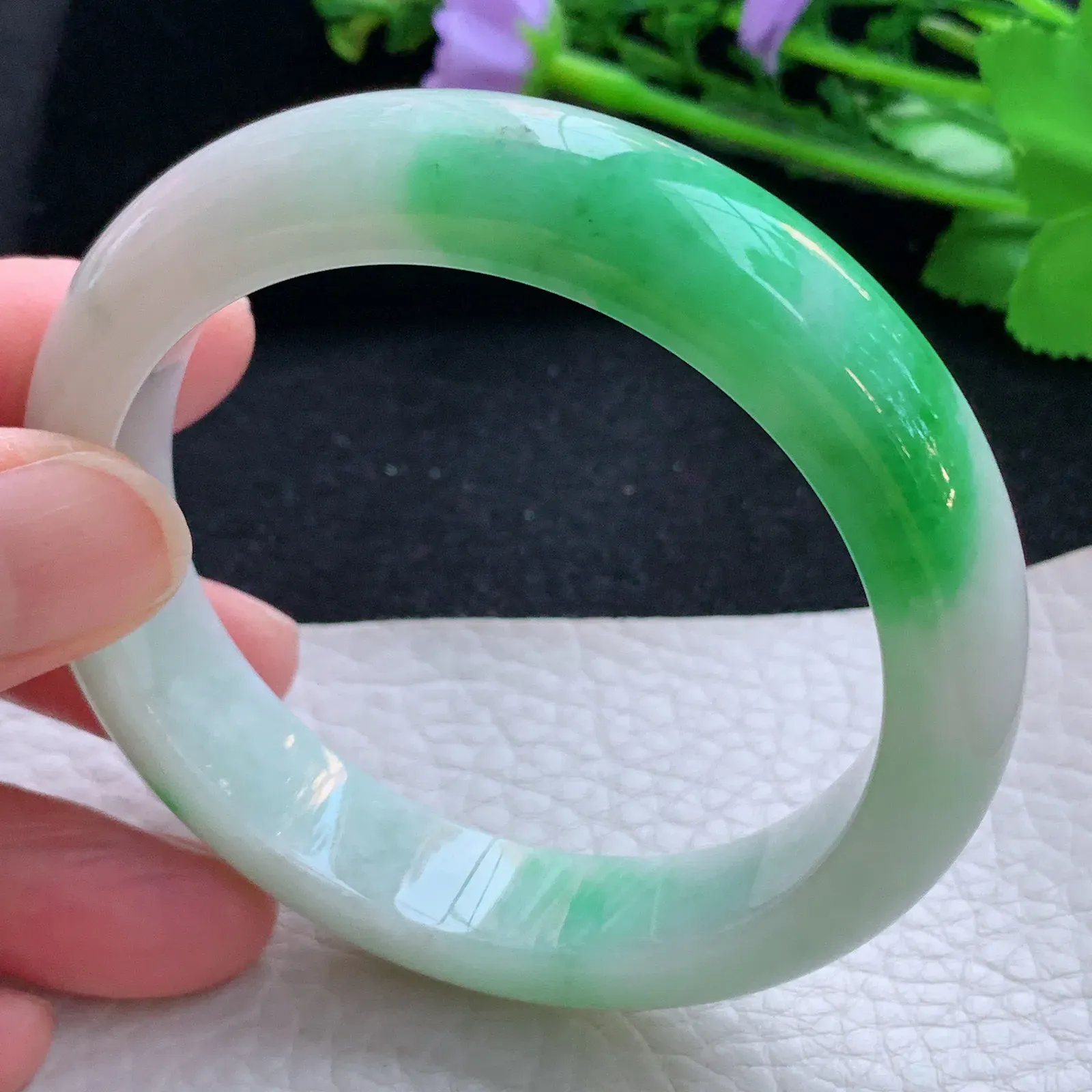 xc自然光57*12.8*8.3平安镯 缅甸翡翠a货玉手镯飘阳绿宽边玉手环