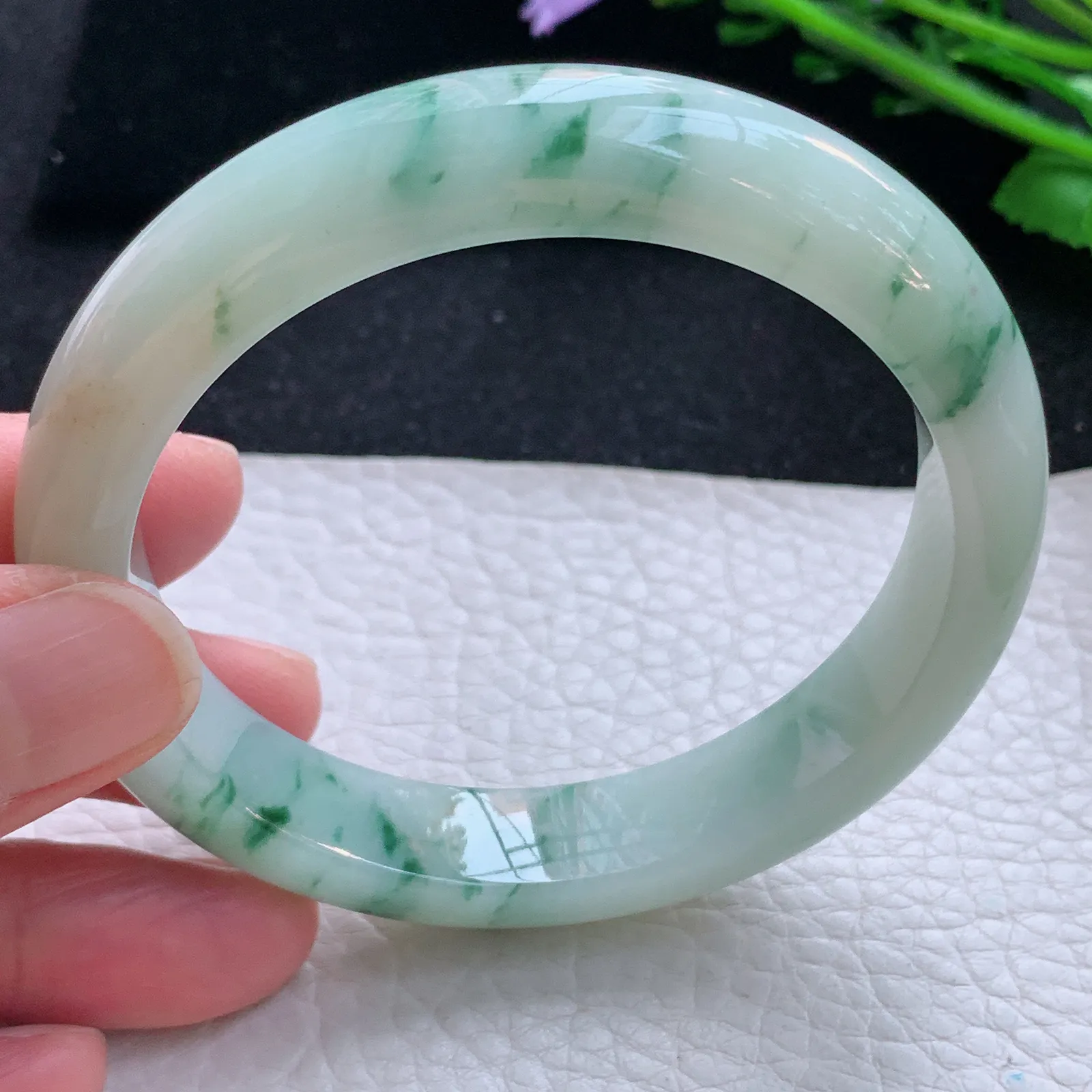 hy自然光58*12.3*8.5平安镯 缅甸翡翠a货玉手镯飘花宽边玉手环