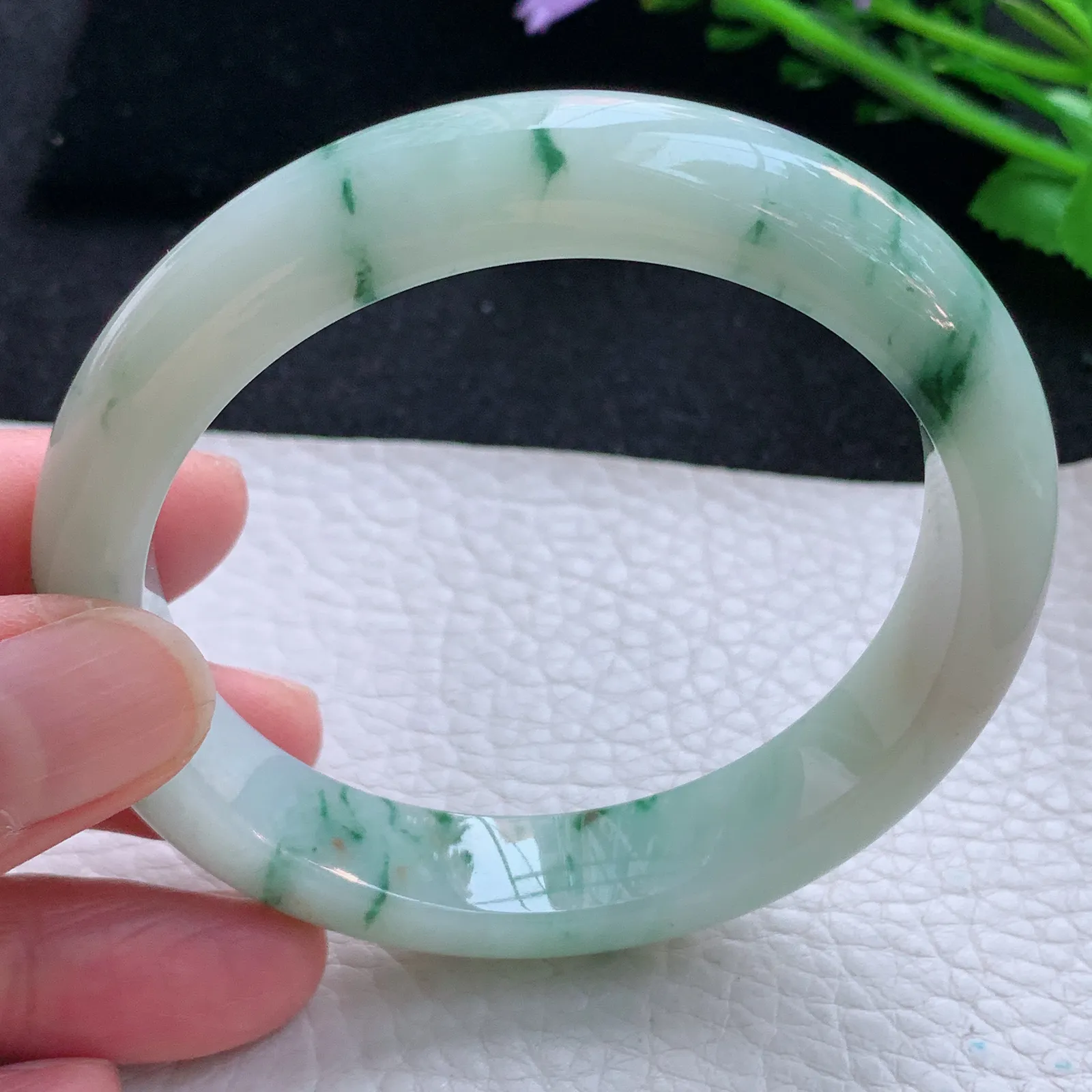 hy自然光58*12.3*8.5平安镯 缅甸翡翠a货玉手镯飘花宽边玉手环