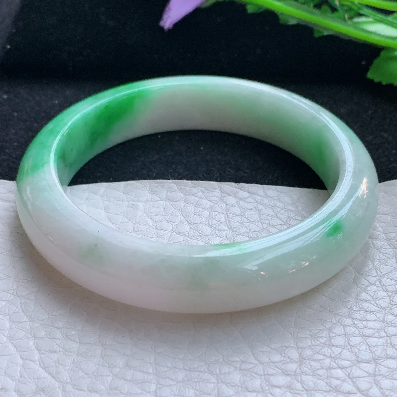 xc自然光57*12.8*8.3平安镯 缅甸翡翠a货玉手镯飘阳绿宽边玉手环