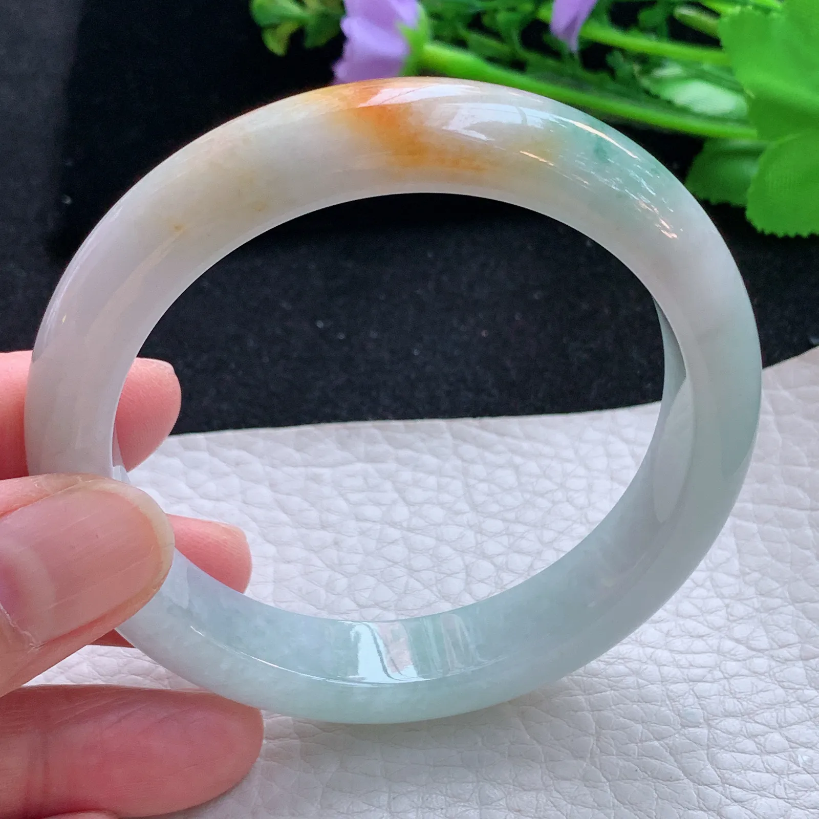 xc自然光57*12*8.3平安镯 缅甸翡翠a货玉手镯三彩厚装宽边玉手环