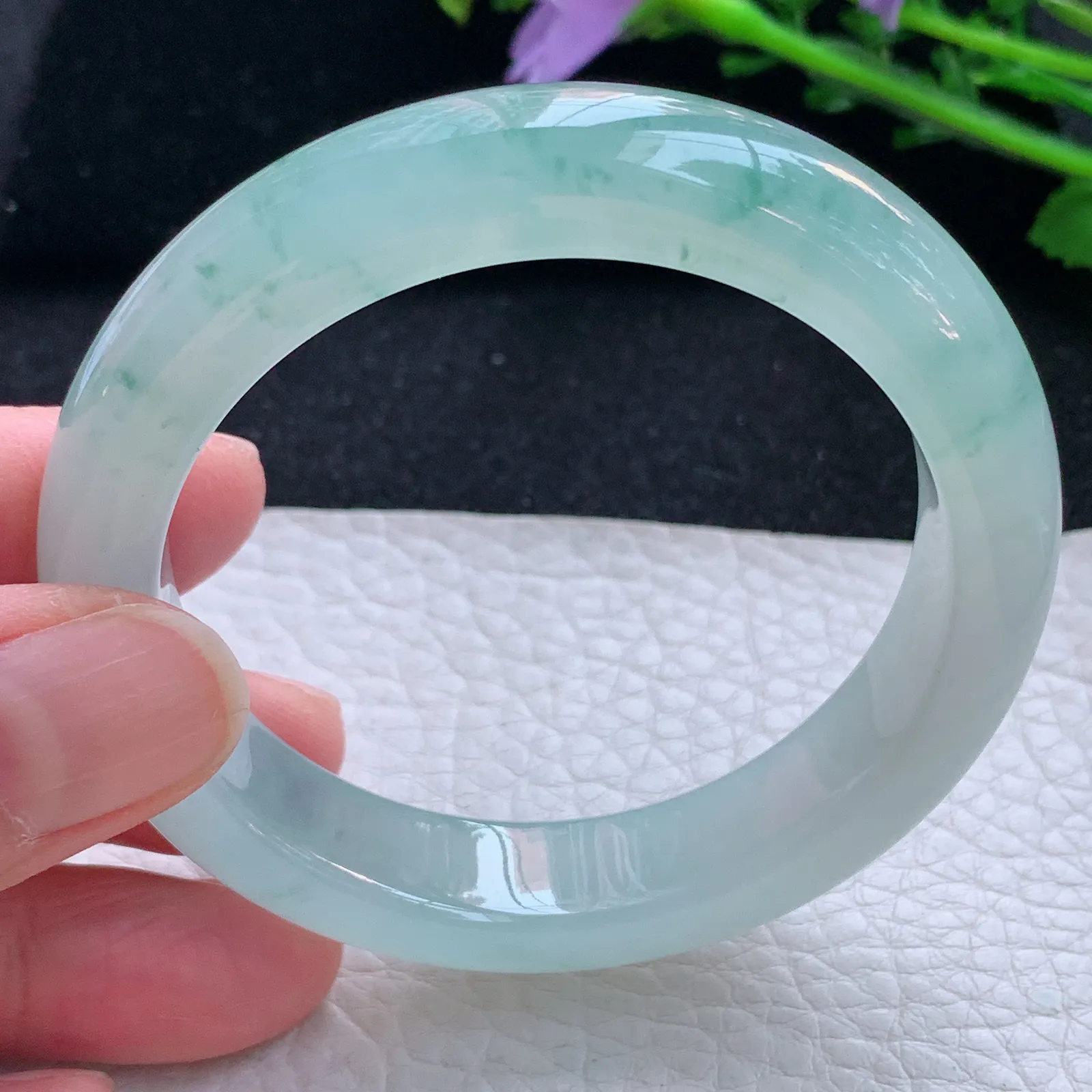 P小圈口52.5*12.5*8.2平安镯 缅甸翡翠a货玉手镯冰飘花起光厚装宽边玉手环