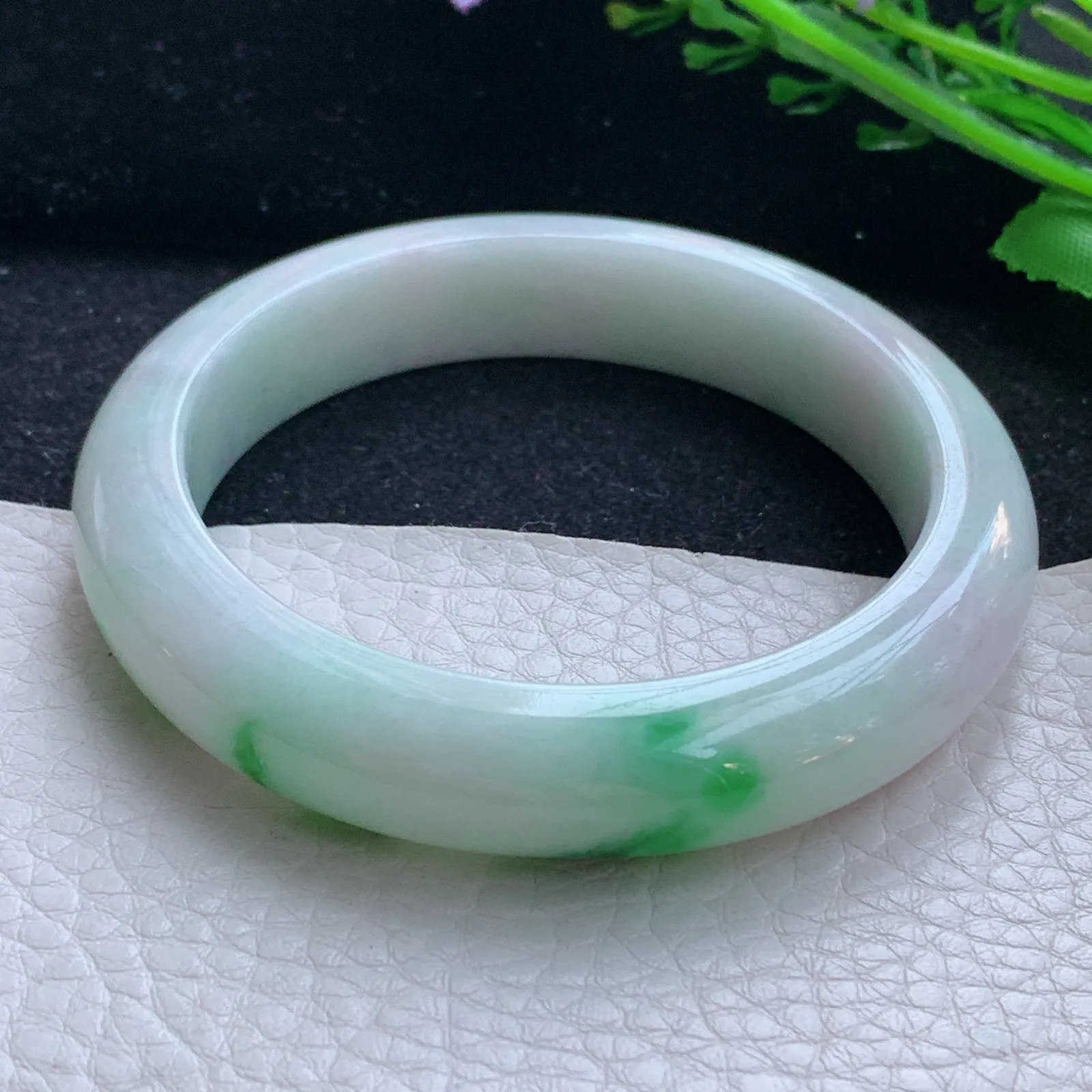 hy自然光57*12.5*8.6平安镯 缅甸翡翠a货玉手镯飘绿花厚装宽边玉手环