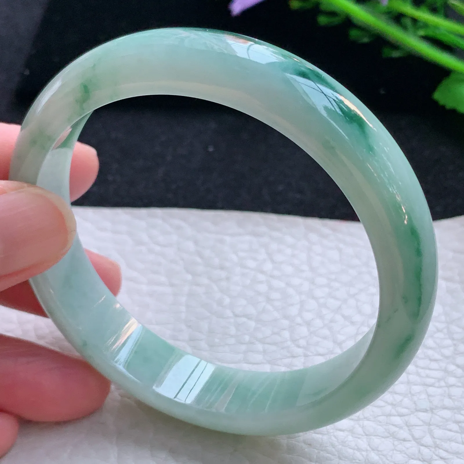 hy自然光59*13.6*7.3平安镯 缅甸翡翠a货玉手镯飘花宽边玉手环