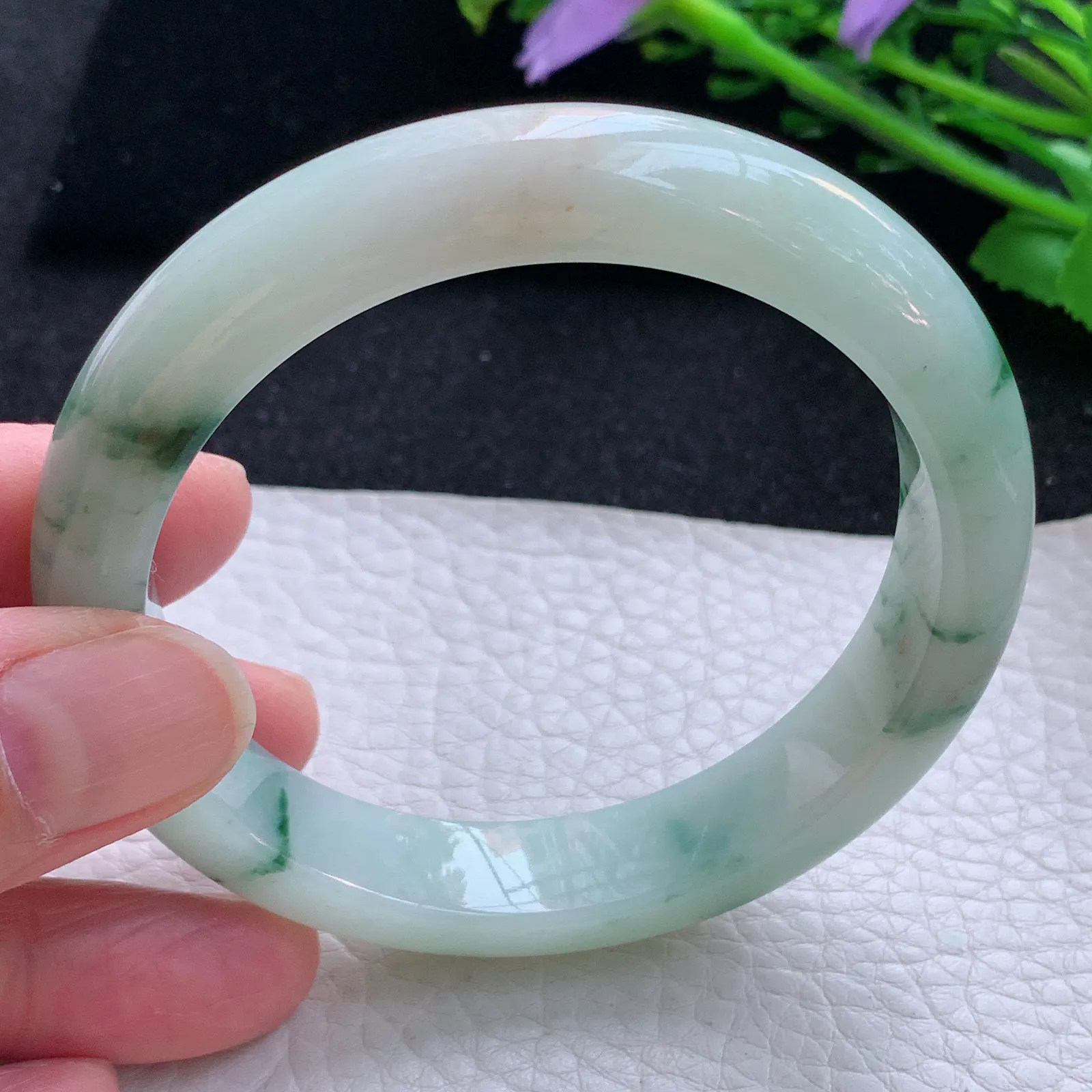 hy自然光58*12.3*8.5平安镯 缅甸翡翠a货玉手镯飘花宽边玉手环