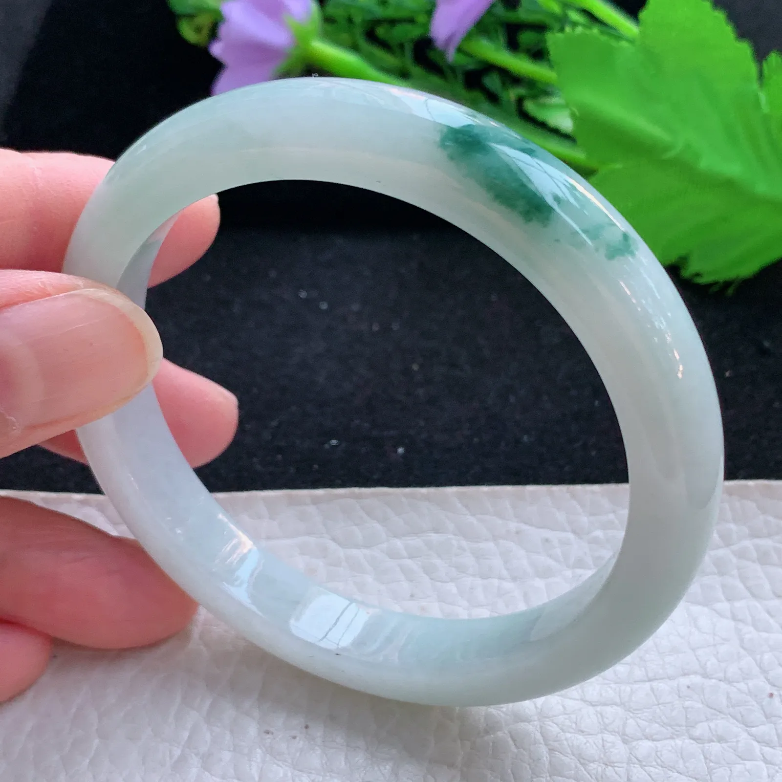 yw5自然光57*10.2*7.5平安镯 缅甸翡翠a货玉手镯飘花秀气宽边玉手环