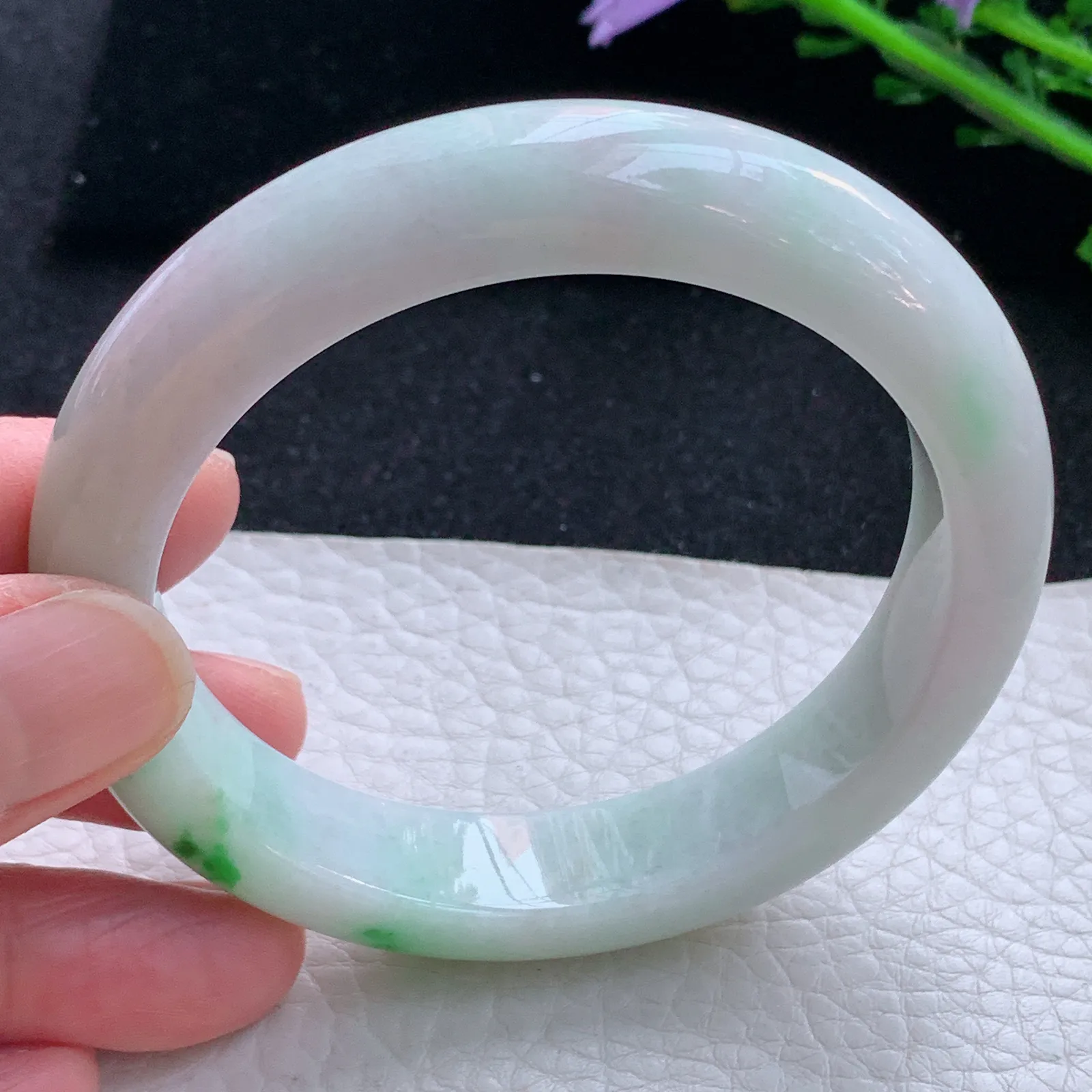 hy自然光57*12.5*8.6平安镯 缅甸翡翠a货玉手镯飘绿花厚装宽边玉手环