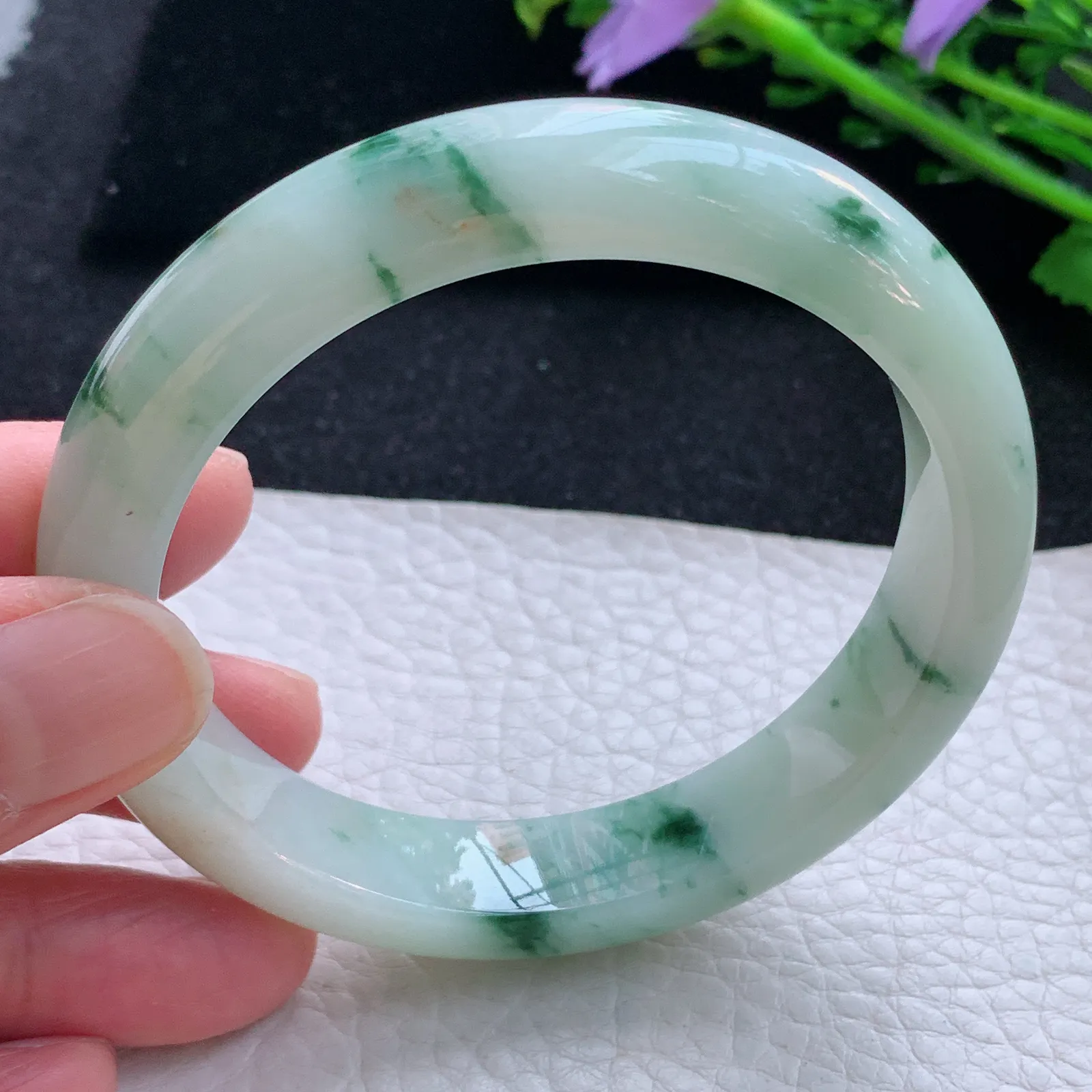 hy自然光58*12.3*8.5平安镯 缅甸翡翠a货玉手镯飘花宽边玉手环