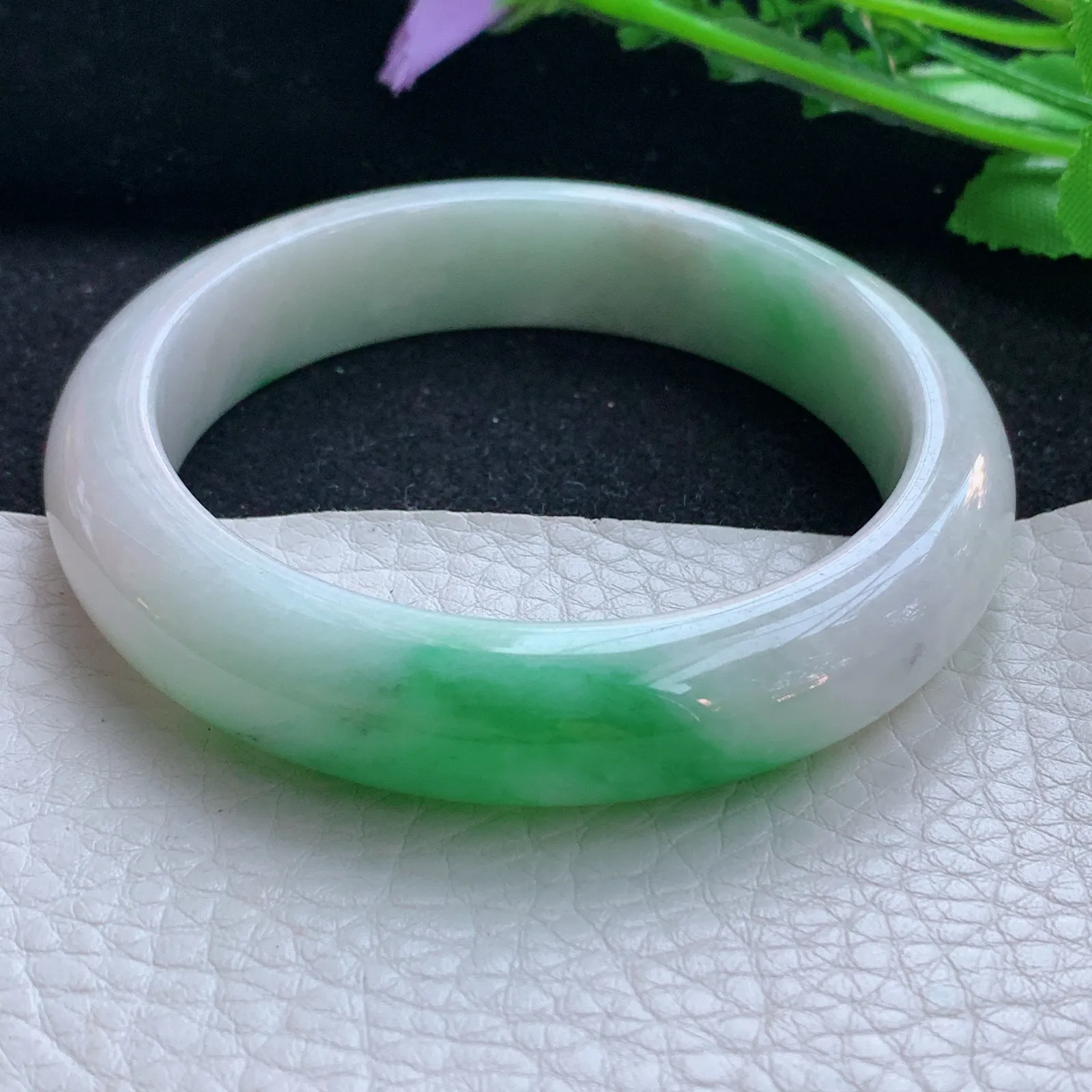 xc自然光57*12.8*8.3平安镯 缅甸翡翠a货玉手镯飘阳绿宽边玉手环