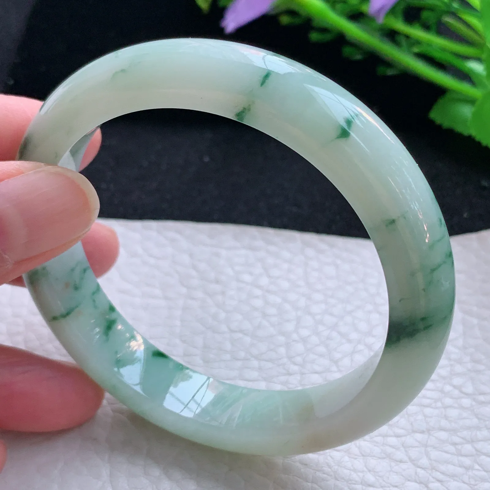 hy自然光58*12.3*8.5平安镯 缅甸翡翠a货玉手镯飘花宽边玉手环