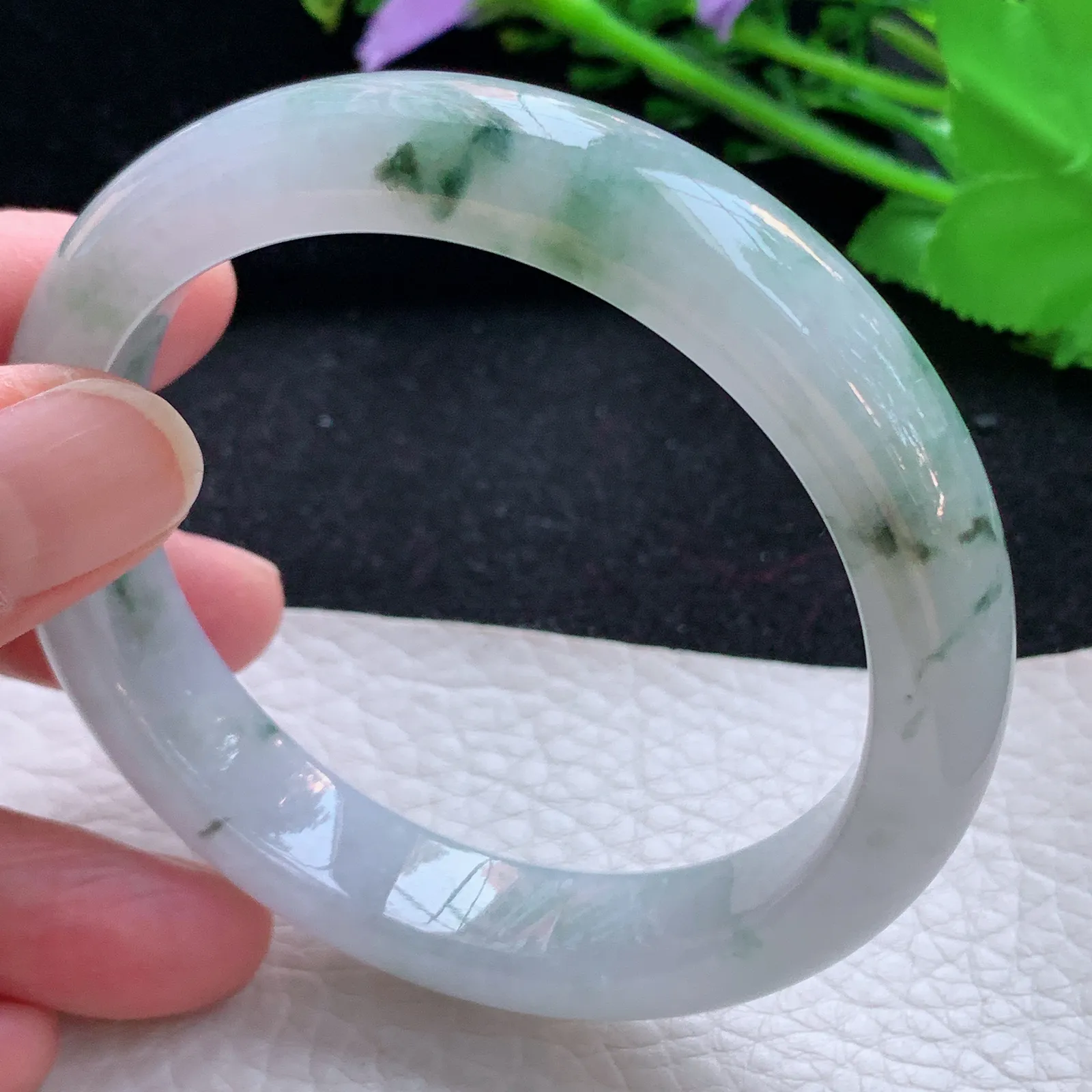 xx自然光58*13*8.5平安镯 缅甸翡翠a货玉手镯冰飘花宽边玉手环