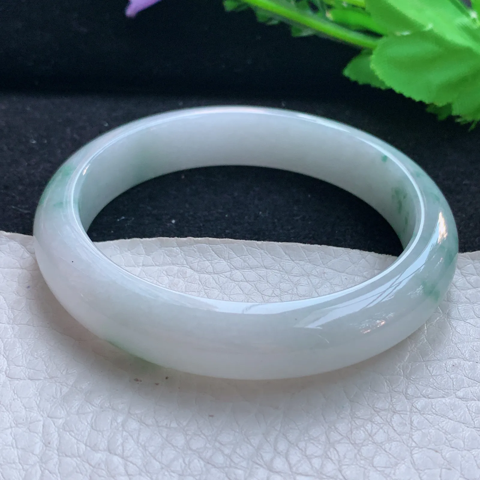 js自然光57*12.5*7.8平安镯 天然缅甸翡翠a货飘花宽边玉镯子 玉手环