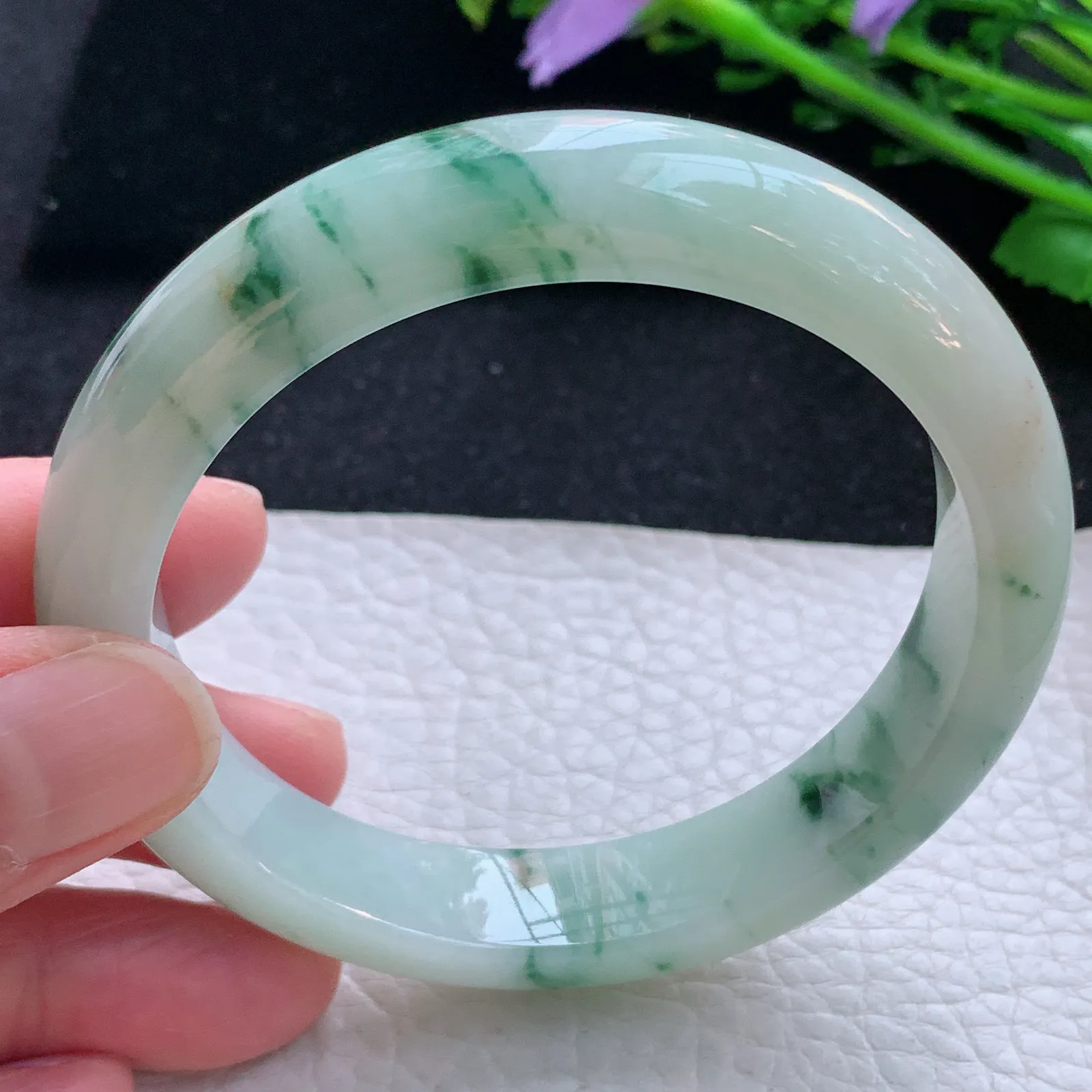hy自然光58*12.3*8.5平安镯 缅甸翡翠a货玉手镯飘花宽边玉手环