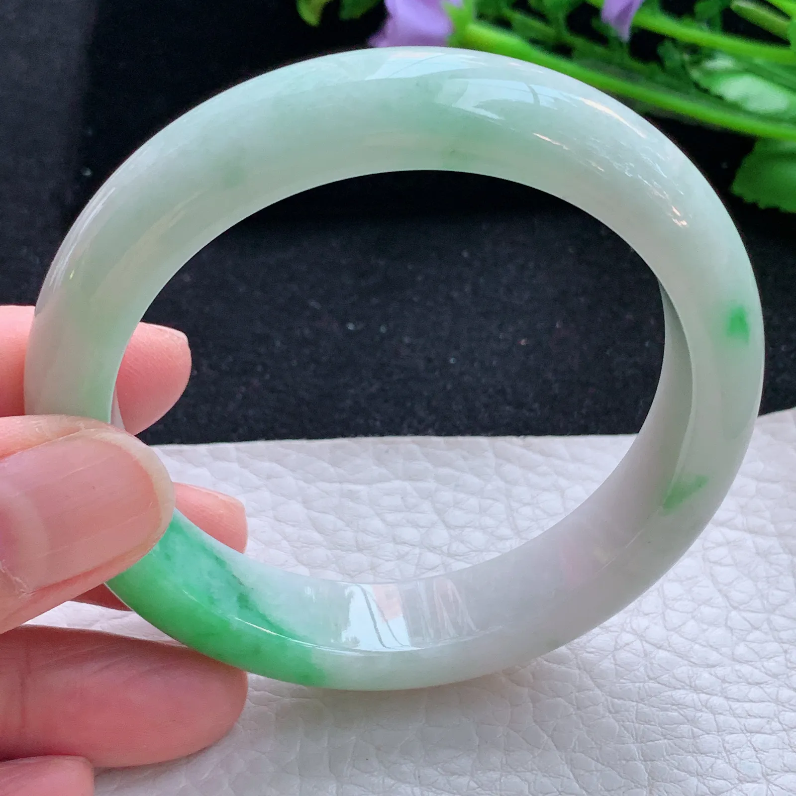 xc自然光57*12.8*8.3平安镯 缅甸翡翠a货玉手镯飘阳绿宽边玉手环