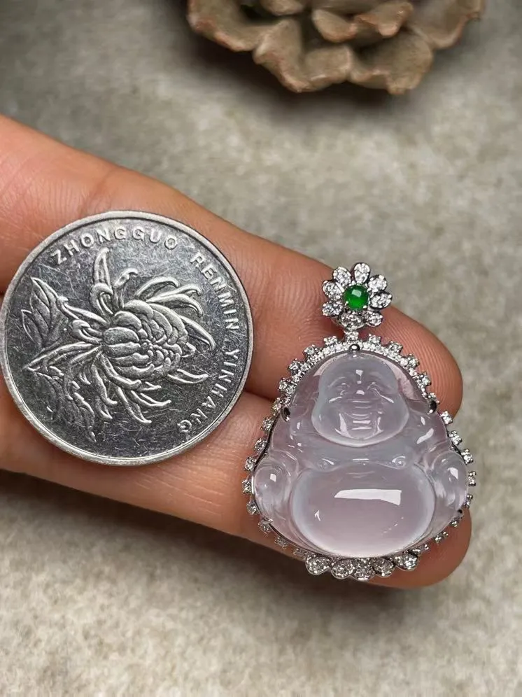 冰种佛公吊坠、真金真钻镶嵌，种水好，玉质细腻 .裸石尺寸 20.2*19.5