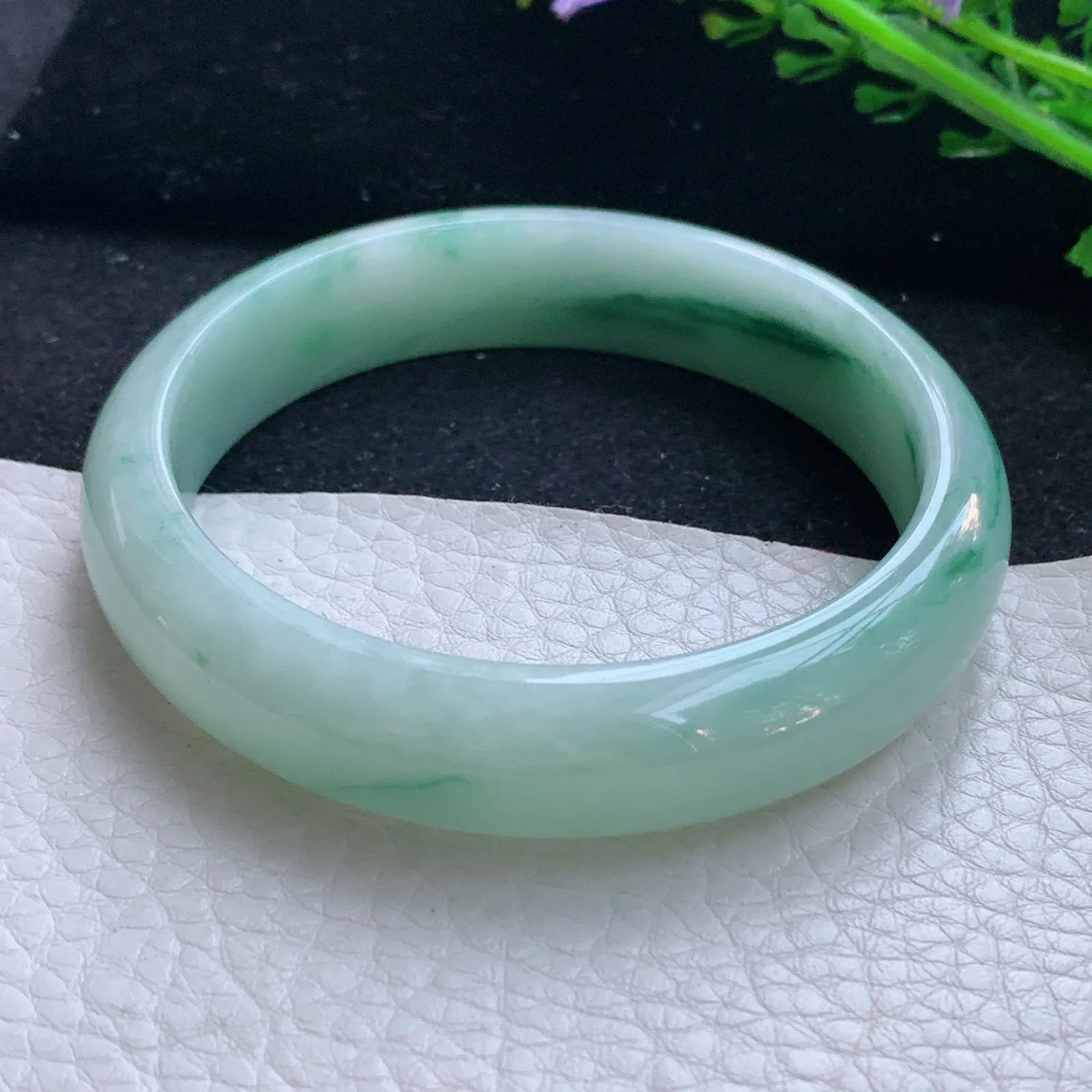 hy自然光59*13.6*7.3平安镯 缅甸翡翠a货玉手镯飘花宽边玉手环