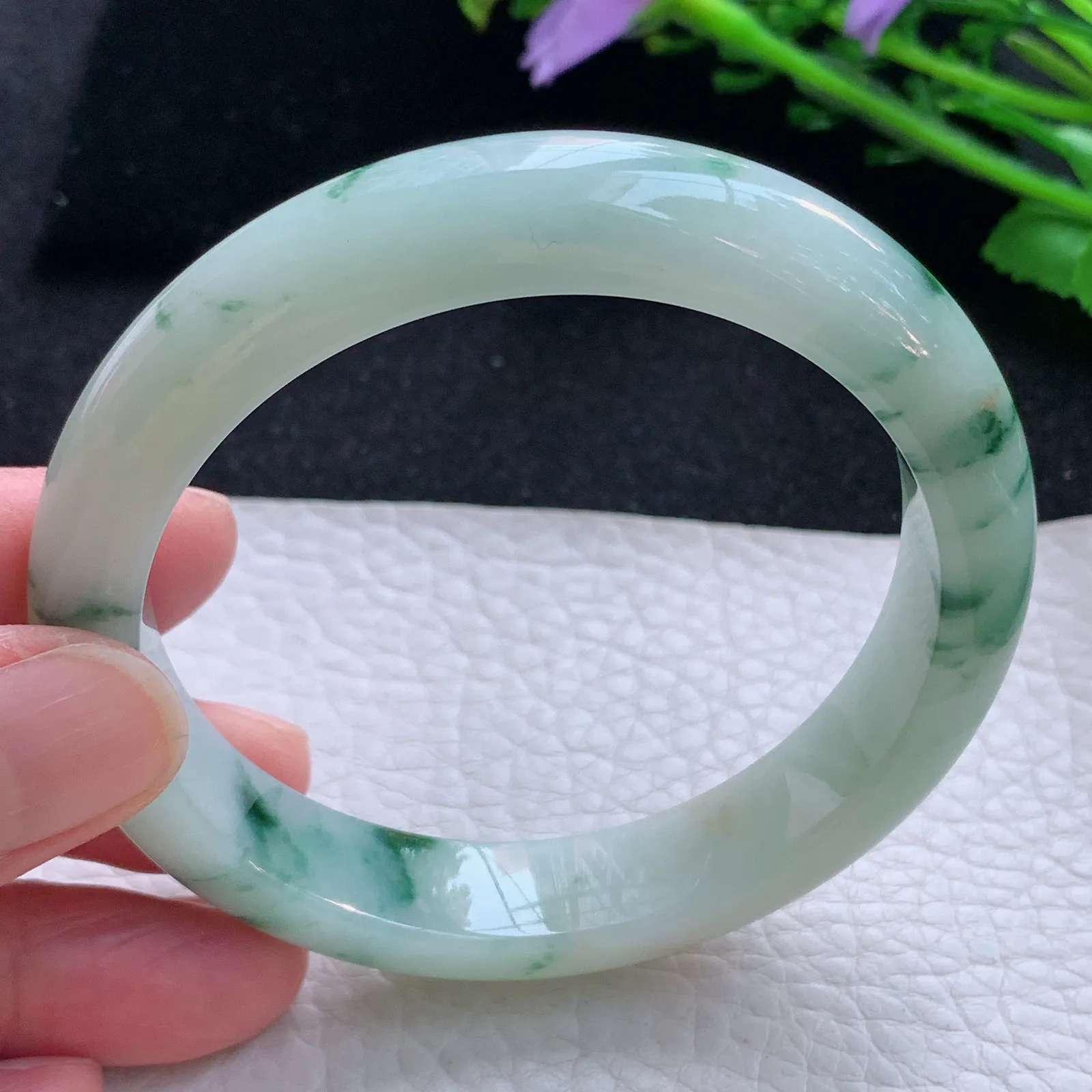 hy自然光58*12.3*8.5平安镯 缅甸翡翠a货玉手镯飘花宽边玉手环