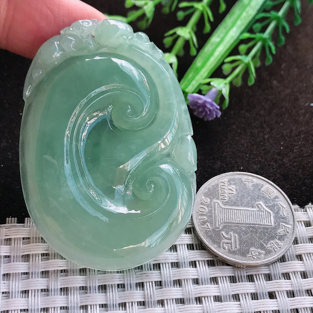 天然a货翡翠56.3/39.5/5.8老坑冰润起胶满色如意吊坠翡翠玉挂件