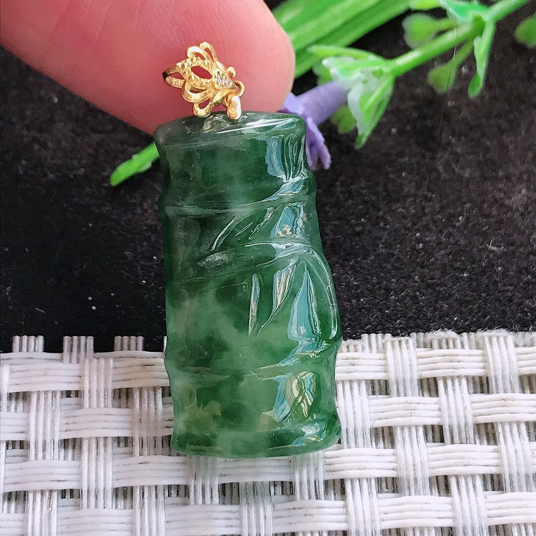 天然a货翡翠26.6/13.8/5.4老坑18k金镶嵌冰胶飘花竹节吊坠翡翠玉挂件