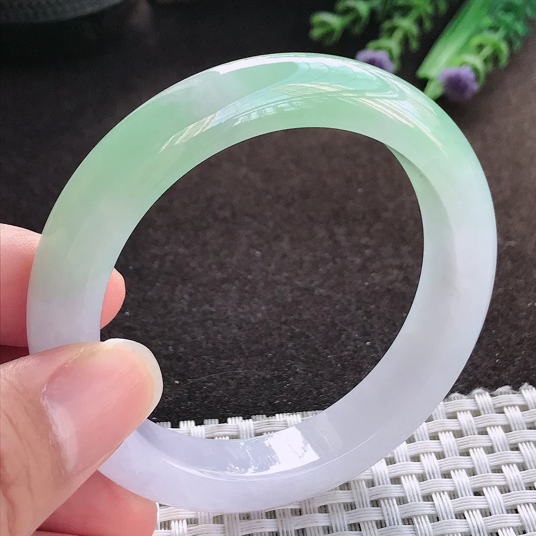 天然a货翡翠54/12/8.8老坑冰胶春带彩手镯宽边玉手镯