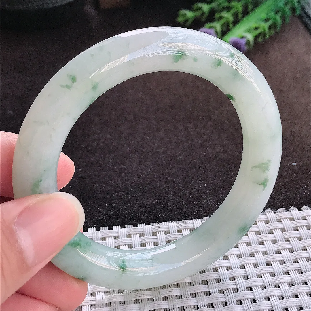 天然a货翡翠54/10.6老坑冰润起胶飘花胖圆条手镯玉手镯