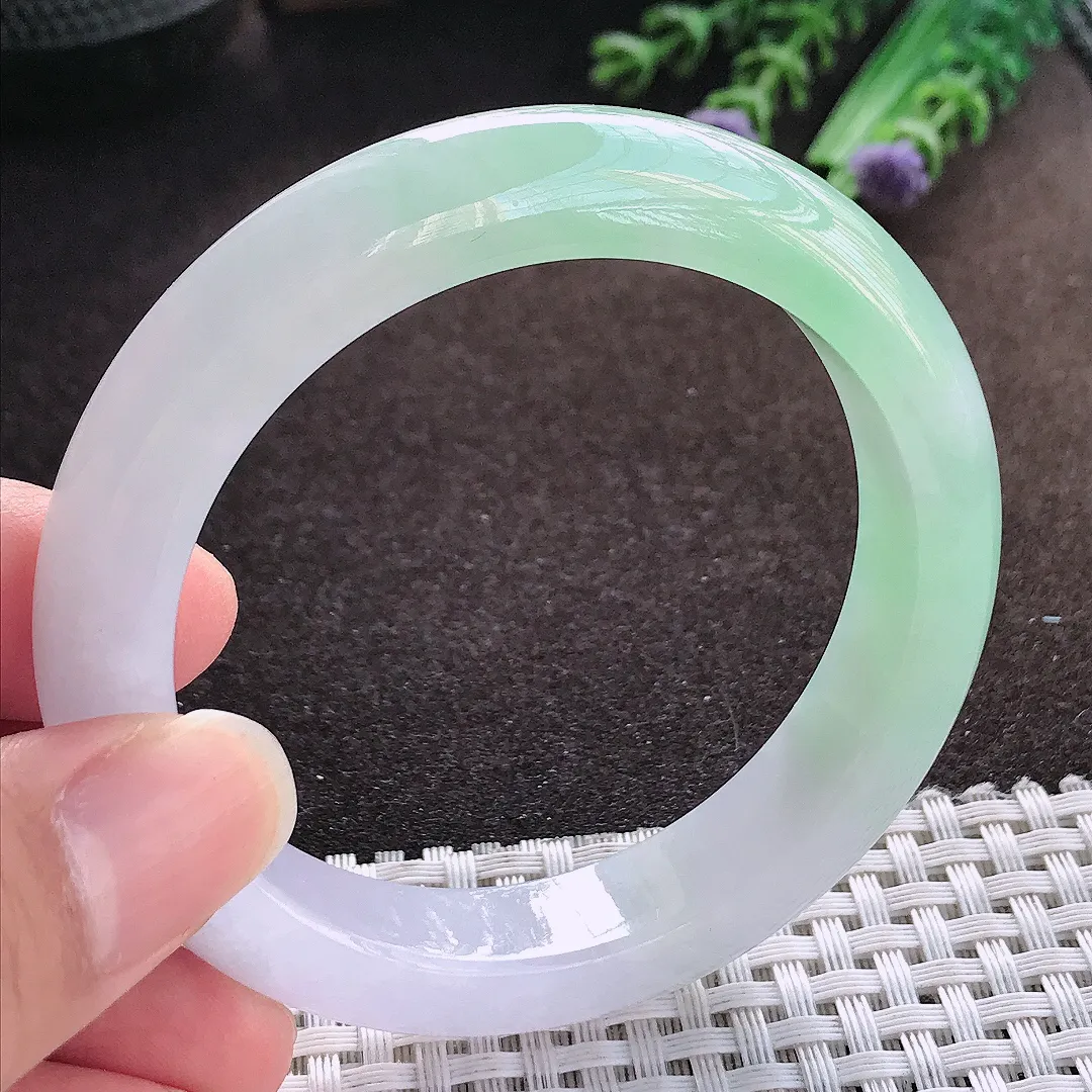 天然a货翡翠54/12/8.8老坑冰胶春带彩手镯宽边玉手镯