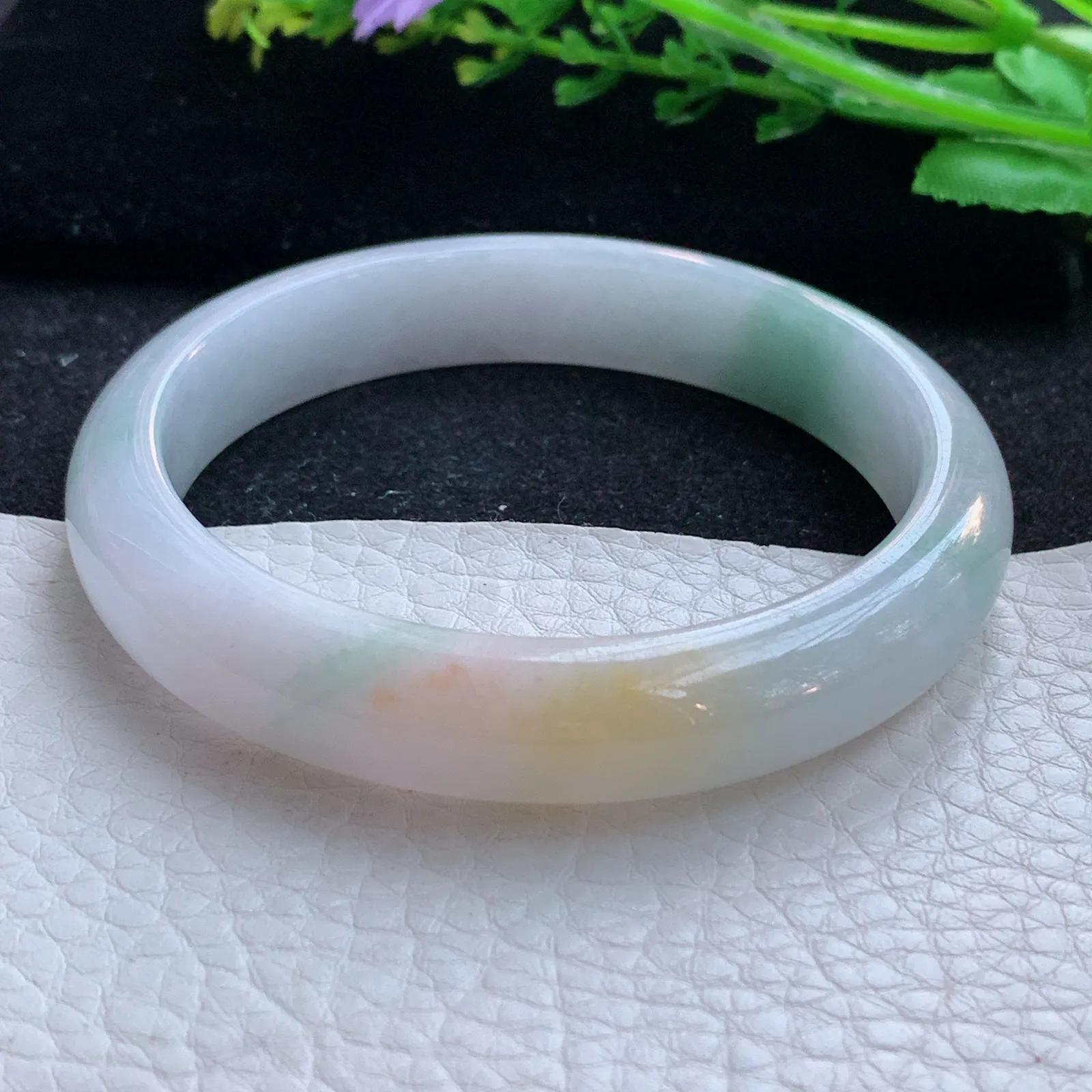 xc自然光58*12*7.6平安镯 缅甸翡翠a货玉手镯三彩秀气宽边玉手环