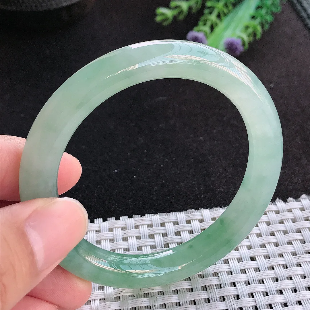 天然a货翡翠52.5/9.3/9.2老坑冰胶果冻冰晴绿圆条手镯小圈口玉手镯