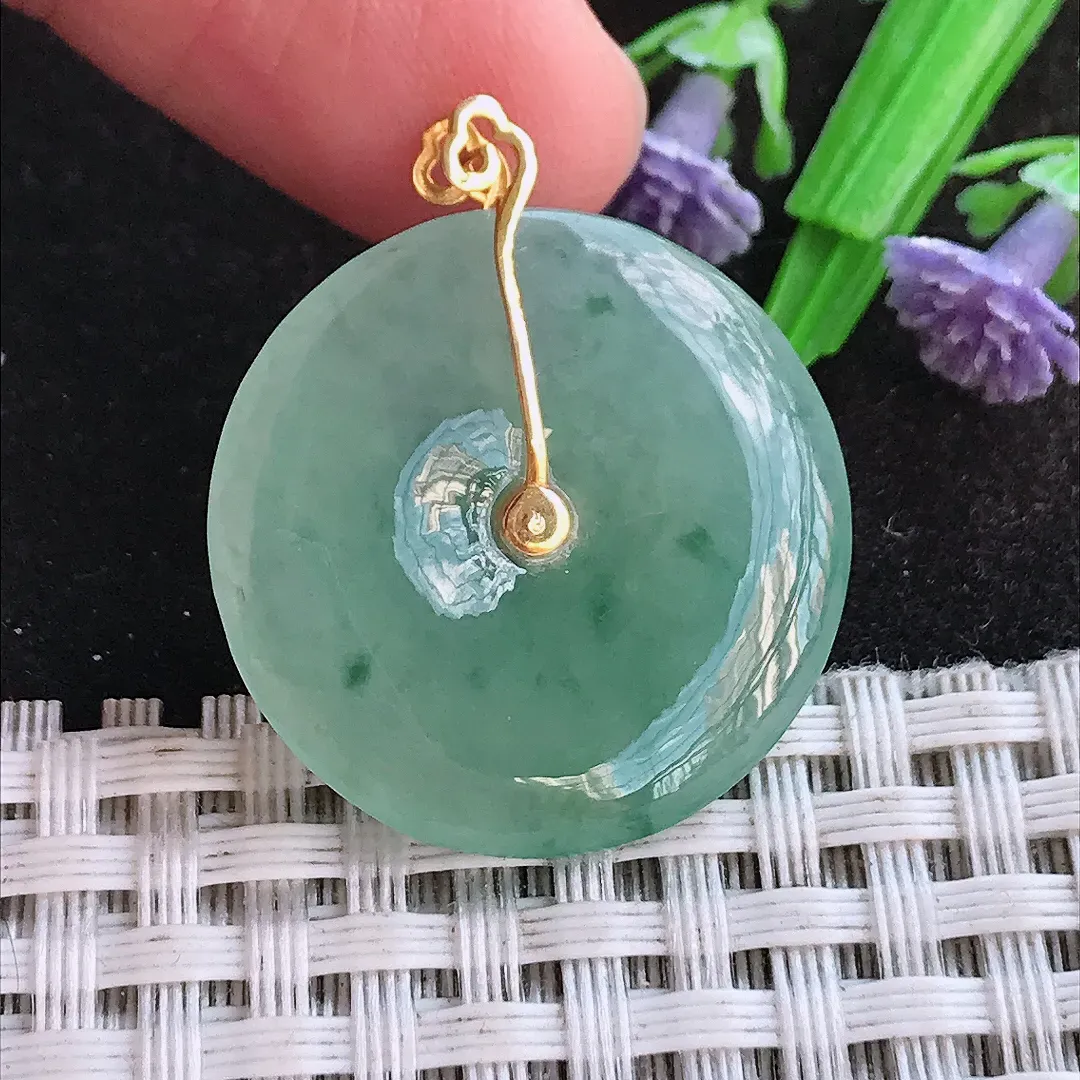 天然a货翡翠26/4.3老坑18k金镶嵌冰胶飘花平安扣吊坠翡翠玉挂件