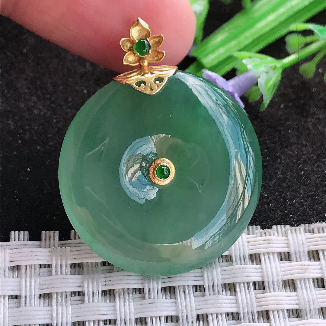 天然a货翡翠27.9/5.4老坑18k金镶嵌冰胶果冻冰晴满绿平安扣吊坠翡翠玉挂件