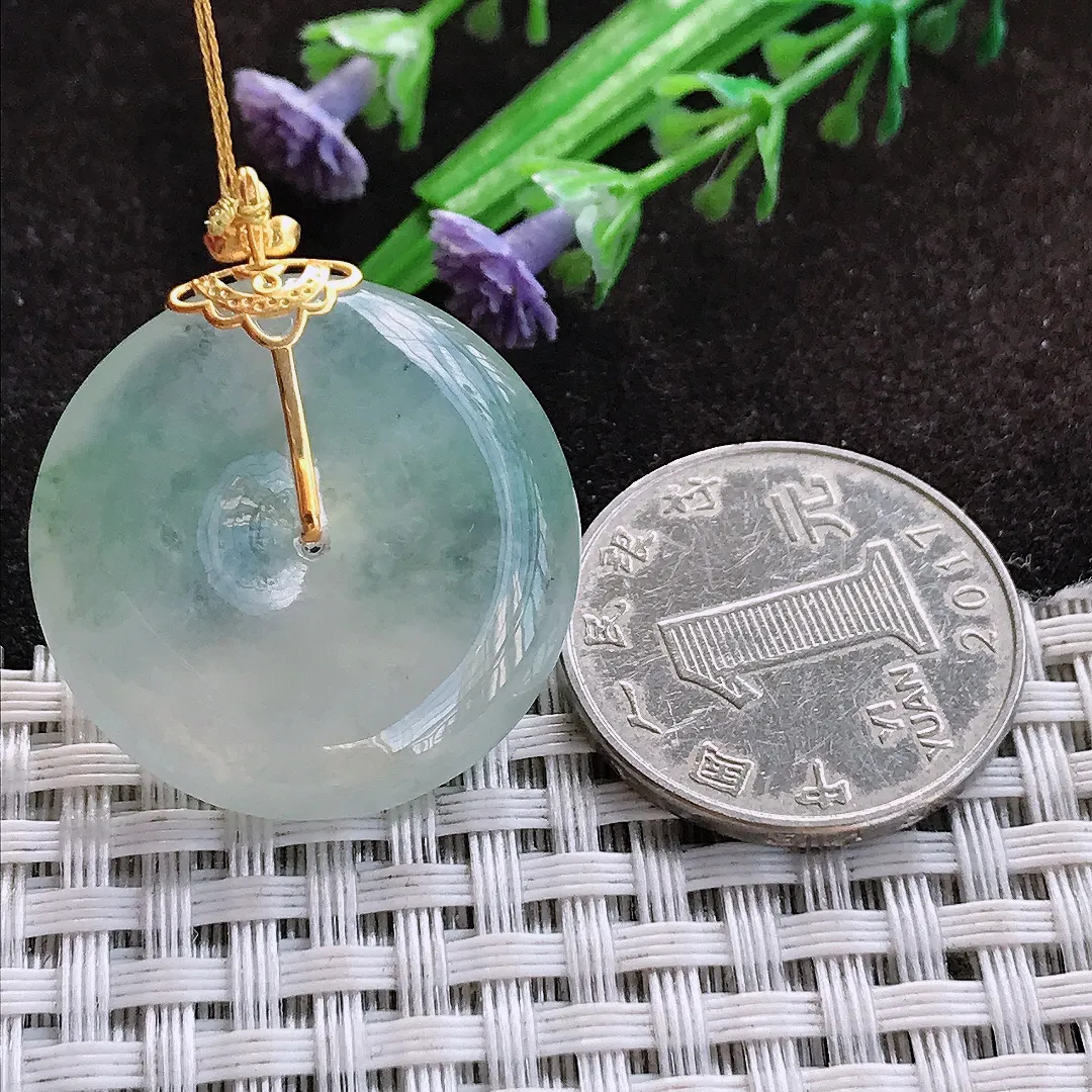 天然a货翡翠28.2/5.8老坑18k金镶嵌冰种平安扣吊坠翡翠玉扣挂件