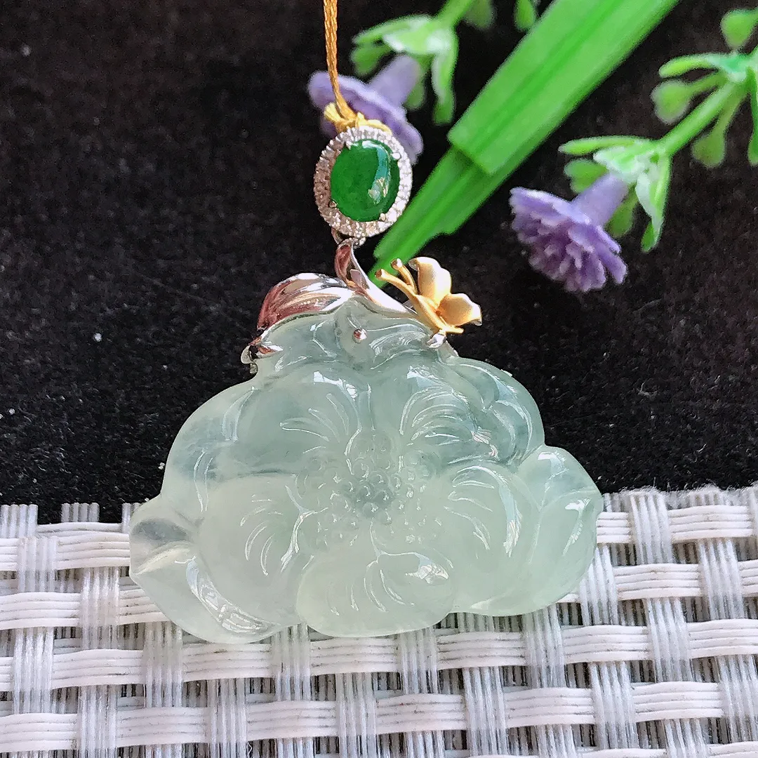 天然a货翡翠21/31/6.1老坑18k金镶嵌冰晴绿莲花吊坠翡翠玉挂件