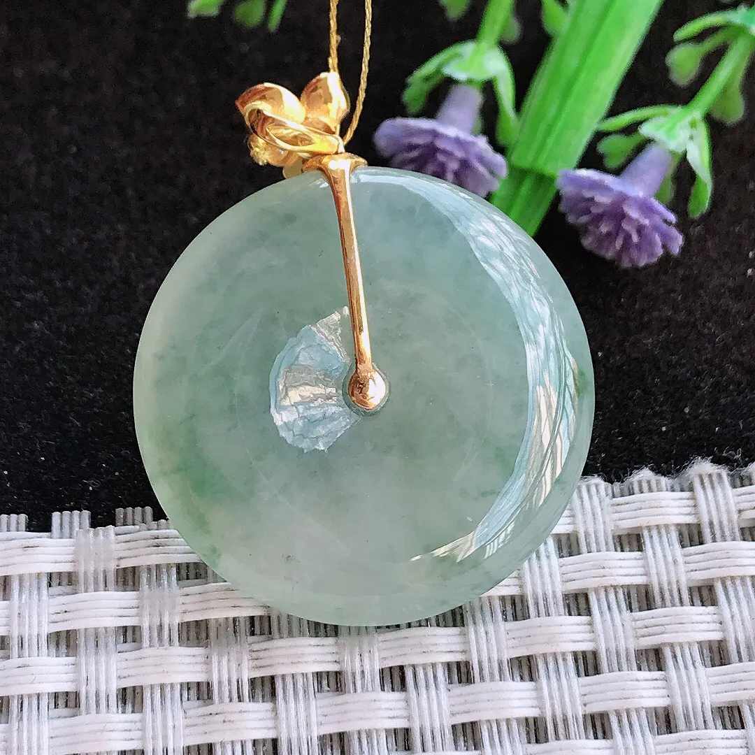 天然a货翡翠32.3/4.7老坑18k金镶嵌冰胶冰晴平安扣吊坠翡翠玉挂件