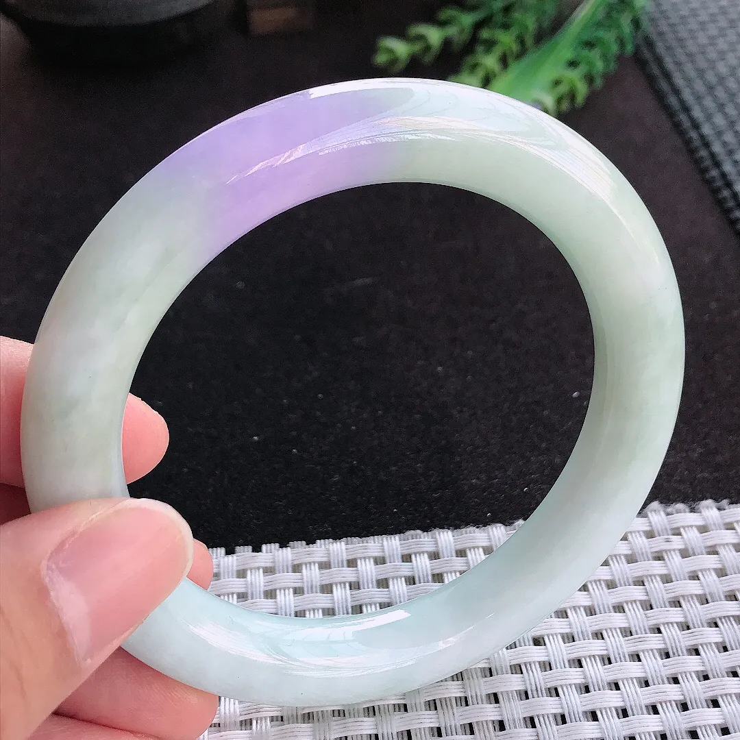 天然a货翡翠60/10.7/11老坑精美温润大圈口紫罗兰圆条手镯玉手镯