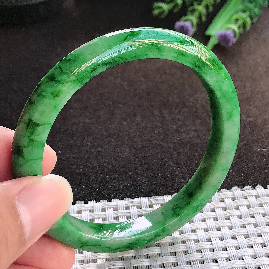 天然a货翡翠56/8.8/7.6老坑精美辣阳绿满绿手镯宽边玉手镯