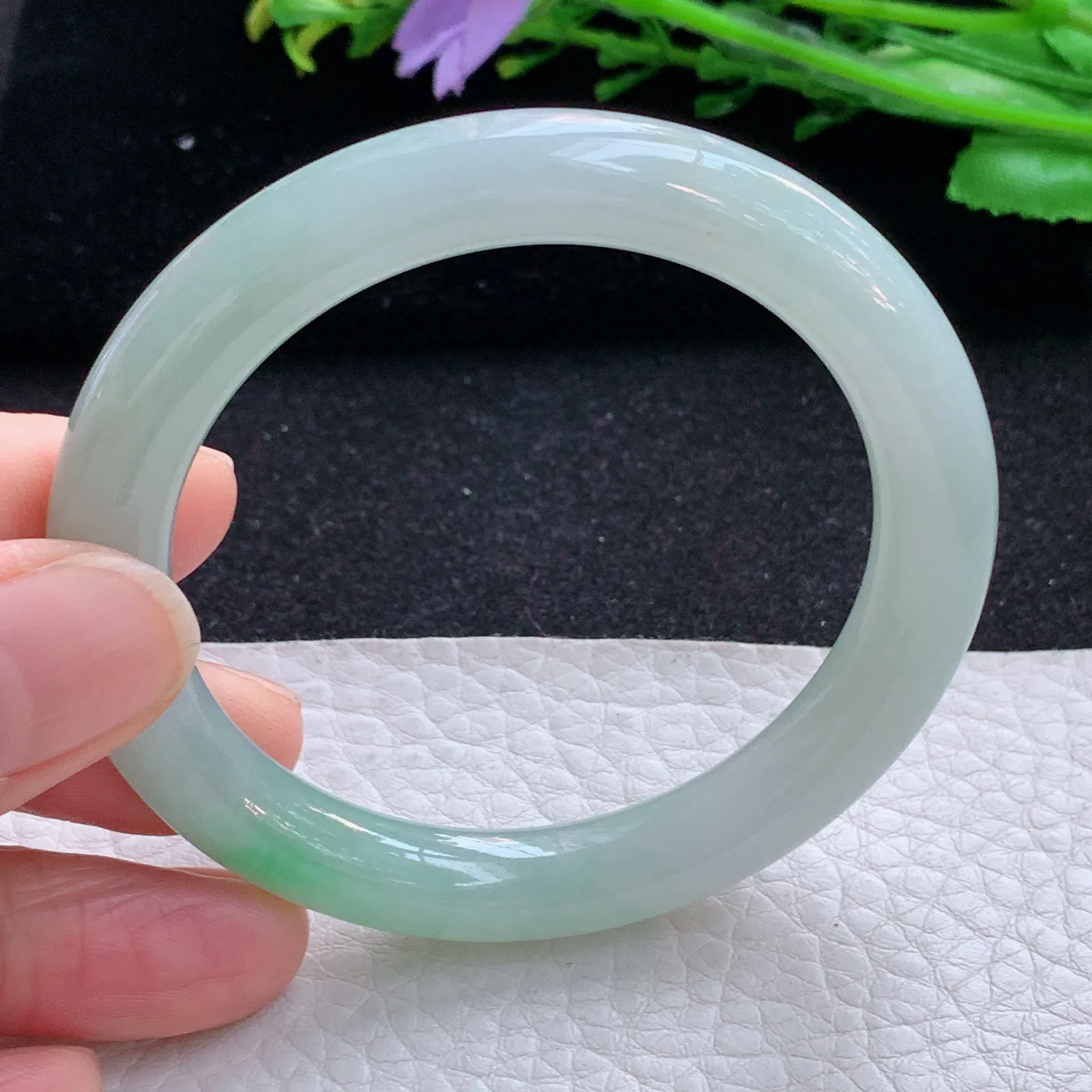 faa小圈口52.8*8.5叮当镯 缅甸翡翠a货玉手镯飘绿清新圆条玉手环 美人镯