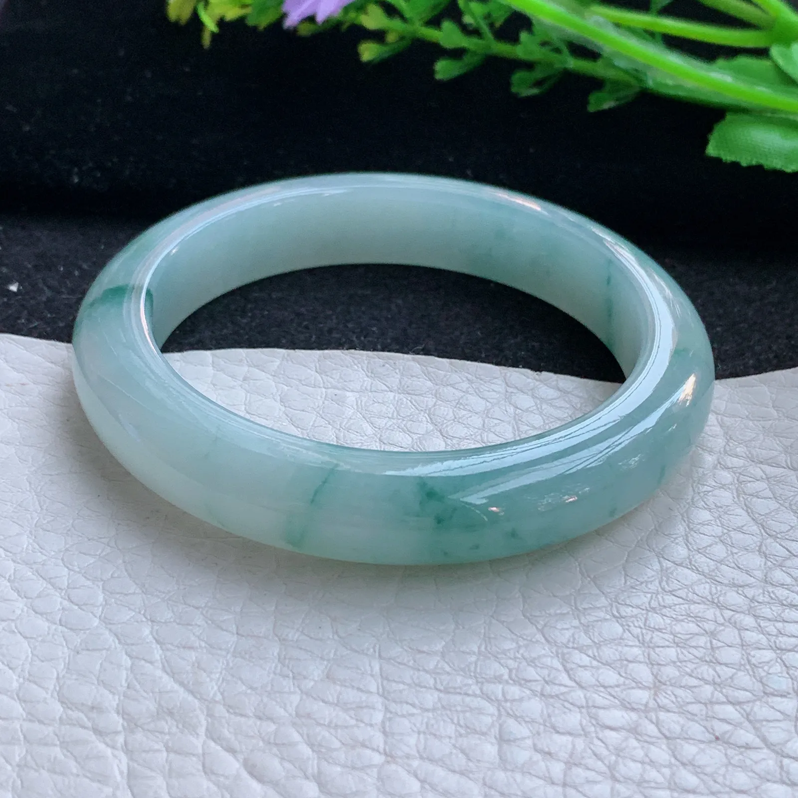 js小圈口52*10.8*8.2平安镯 缅甸翡翠a货玉手镯冰飘花宽边玉手环