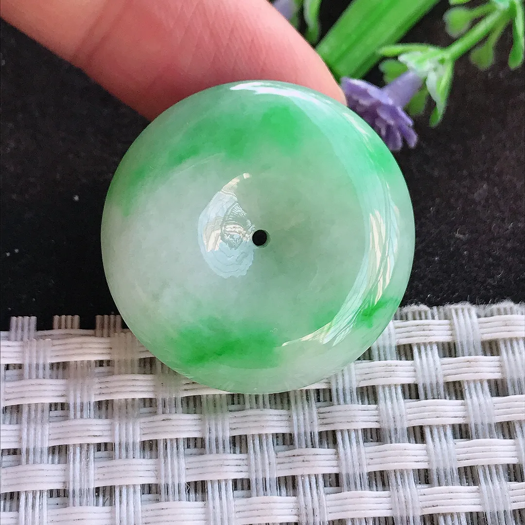 天然a货翡翠29/7.2老坑18k金镶嵌精美飘阳绿平安扣吊坠翡翠玉挂件