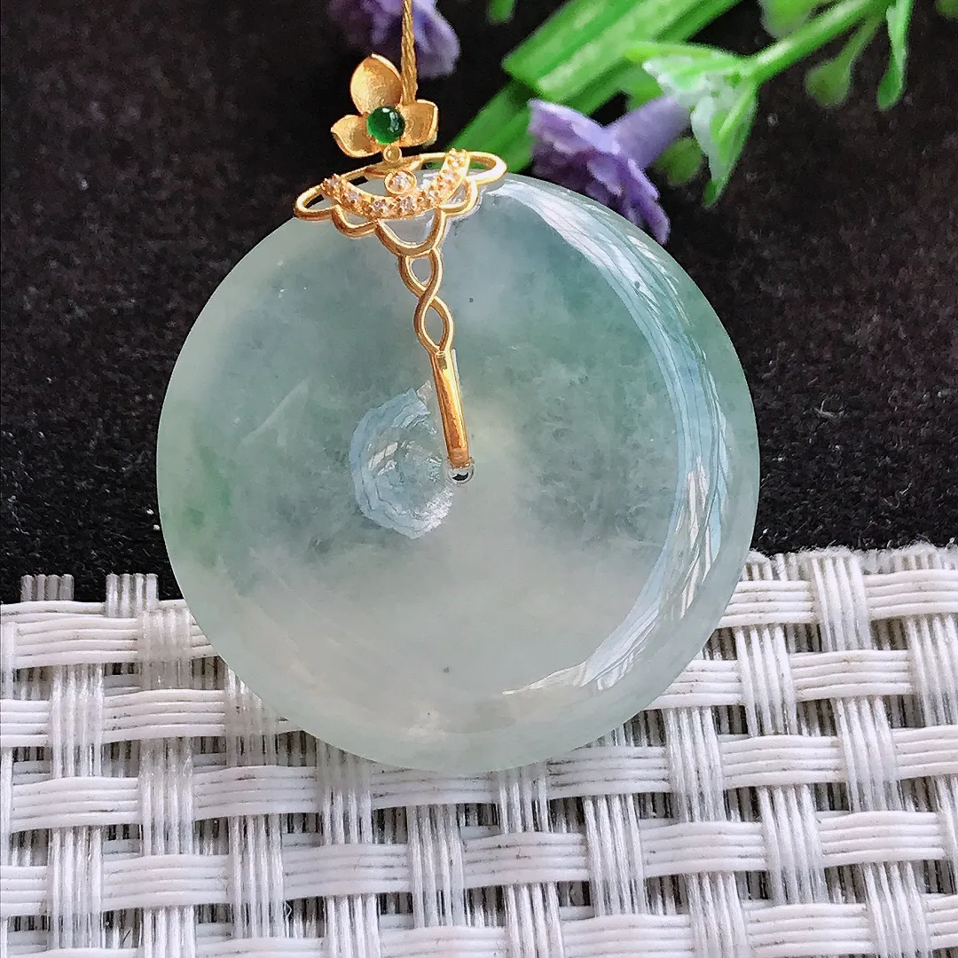 天然a货翡翠28.2/5.8老坑18k金镶嵌冰种平安扣吊坠翡翠玉扣挂件