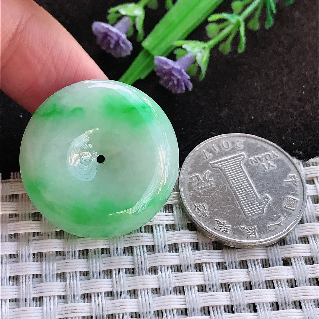 天然a货翡翠29/7.2老坑18k金镶嵌精美飘阳绿平安扣吊坠翡翠玉挂件