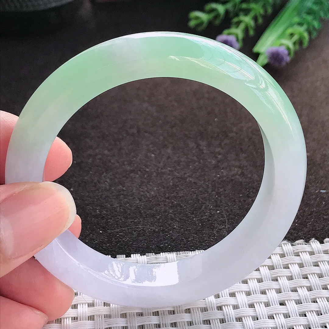 天然a货翡翠54/12/8.8老坑冰胶春带彩手镯宽边玉手镯