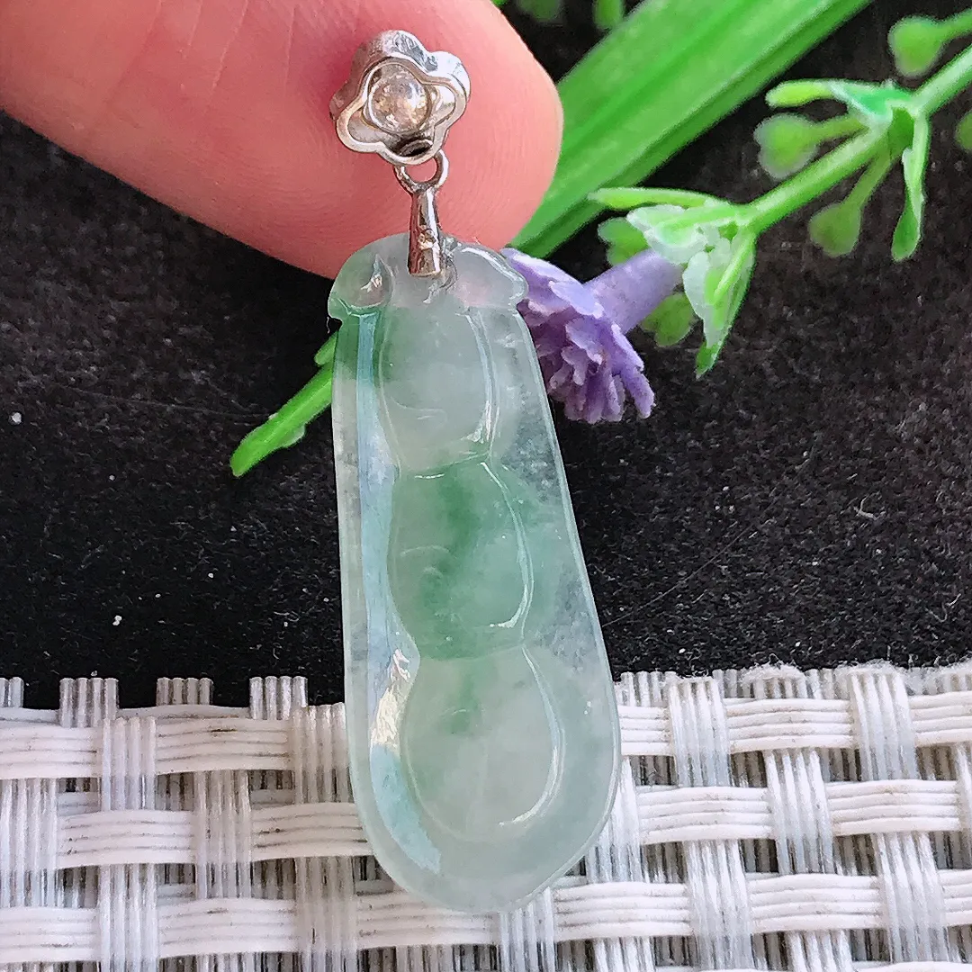 天然a货翡翠28.2/11/6.5老坑18k金镶嵌冰胶飘花四季豆吊坠翡翠玉挂件