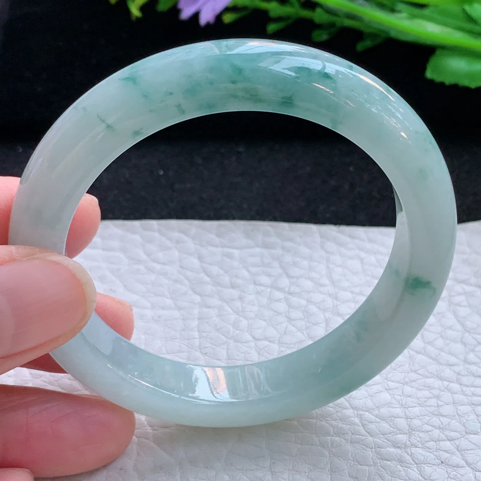 js小圈口52*10.8*8.2平安镯 缅甸翡翠a货玉手镯冰飘花宽边玉手环