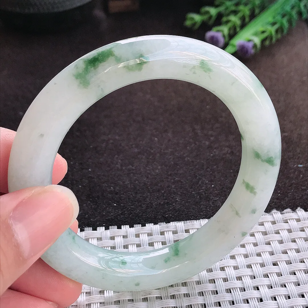 天然a货翡翠54/10.6老坑冰润起胶飘花胖圆条手镯玉手镯