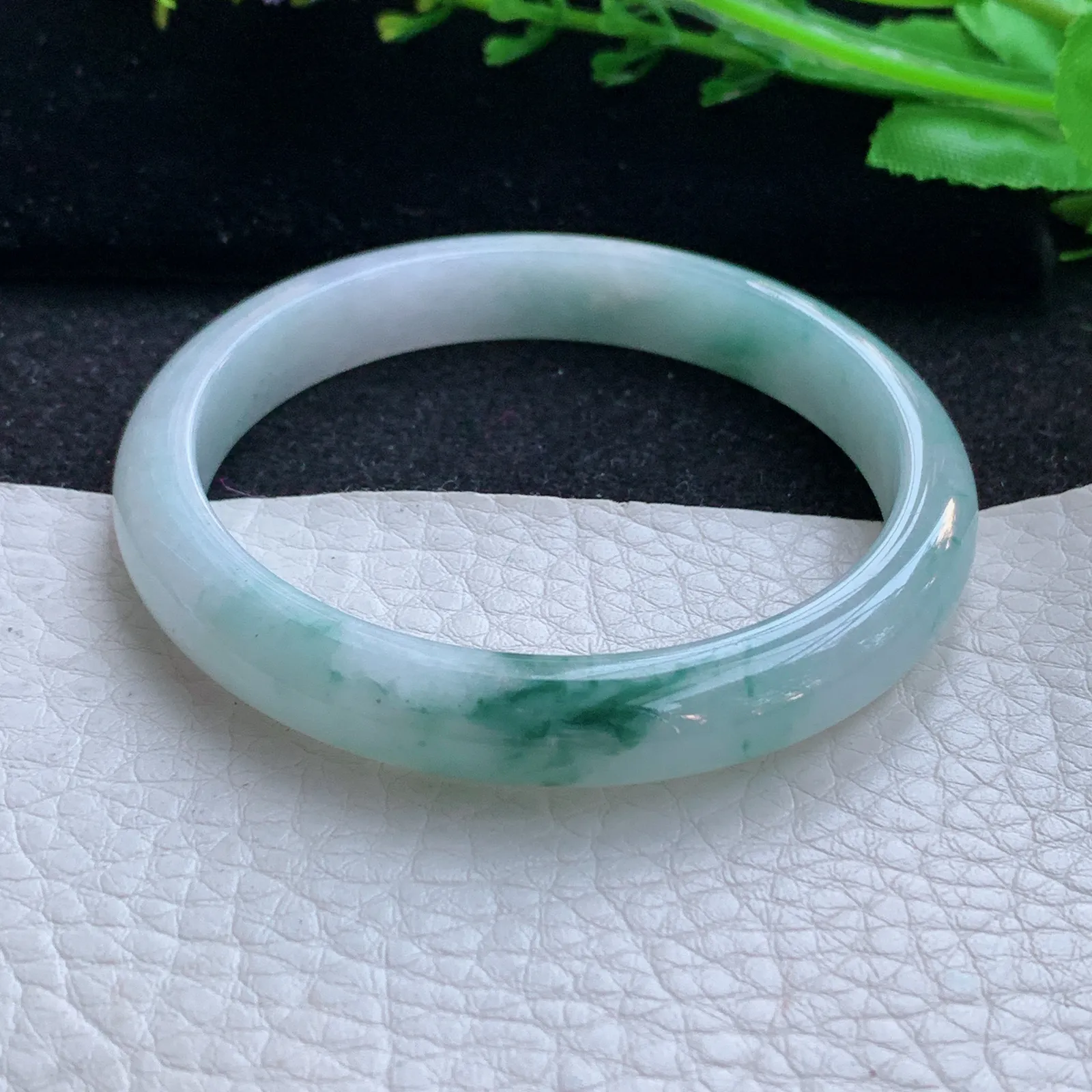 js小圈口52*9*6.2平安镯 缅甸翡翠a货玉手镯冰飘花秀气宽边玉手环